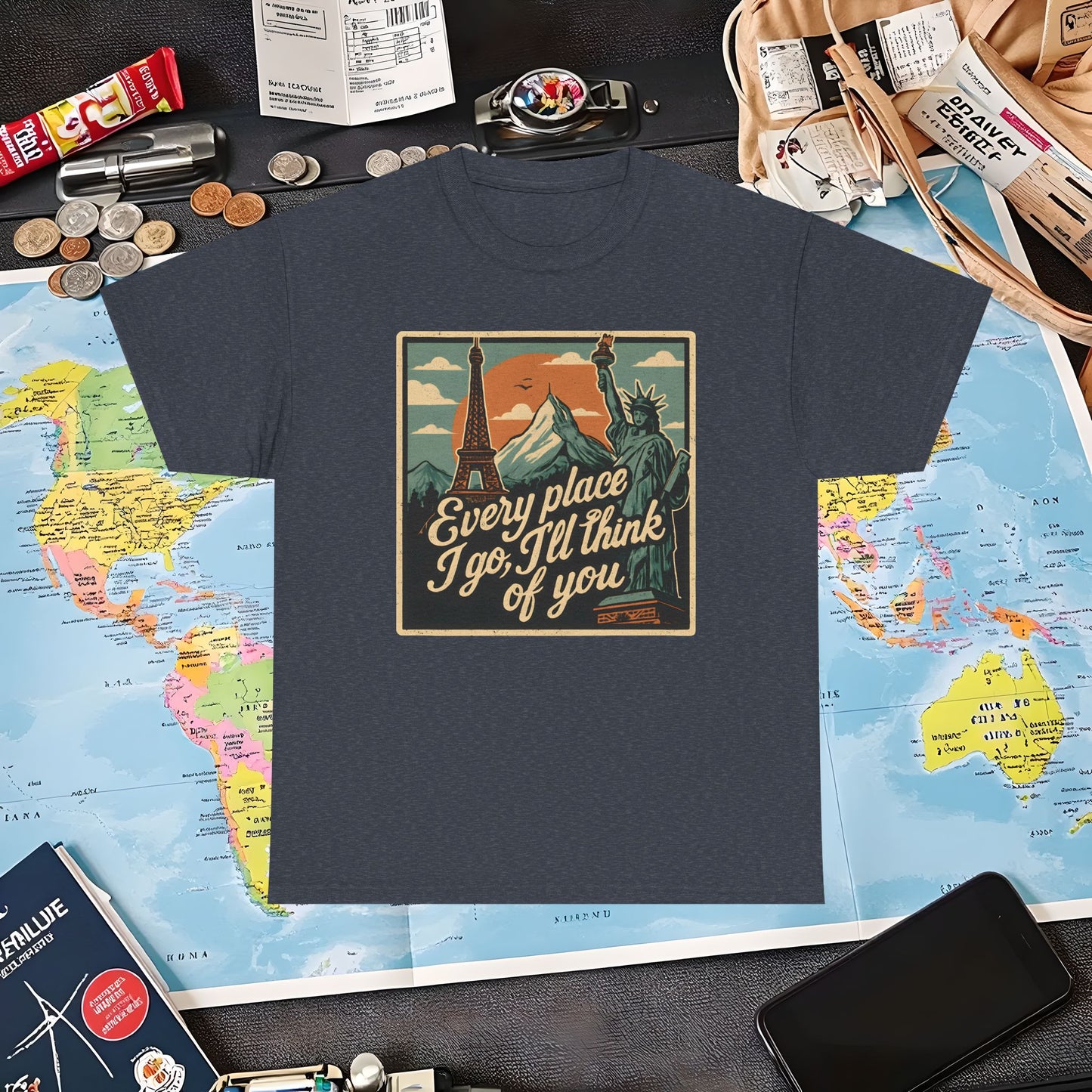 Every Place I Go, I’ll Think of You T-Shirt – Vintage Postcard Travel Collage with Iconic Landmarks Air Travel T-Shirts | Jetsetter, Airport, and International Flight Tees