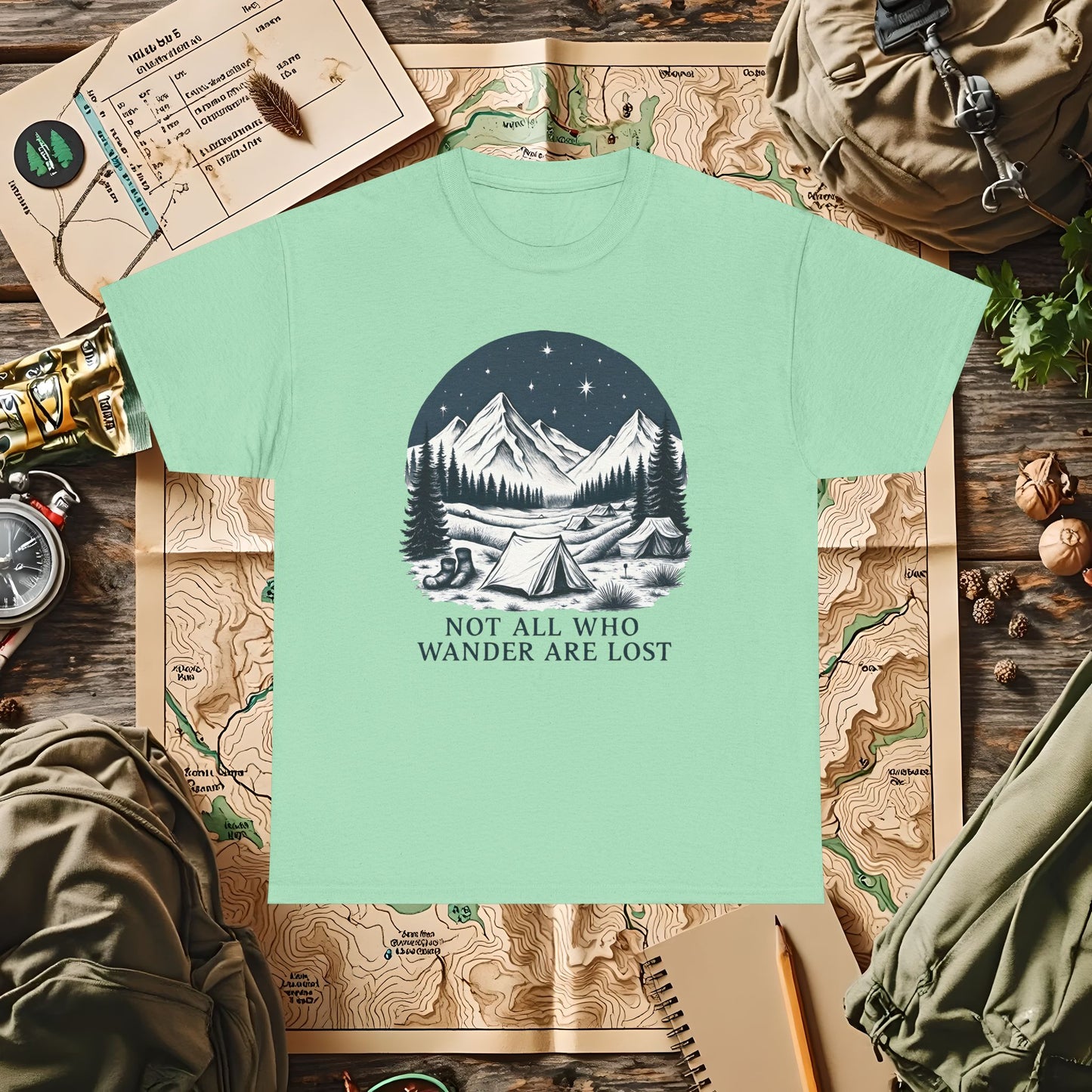 Not All Who Wander Are Lost T-Shirt – Mountain Camping Under Starry Night Camping, Hiking, Rafting & Kayaking Tees for Nature Lovers