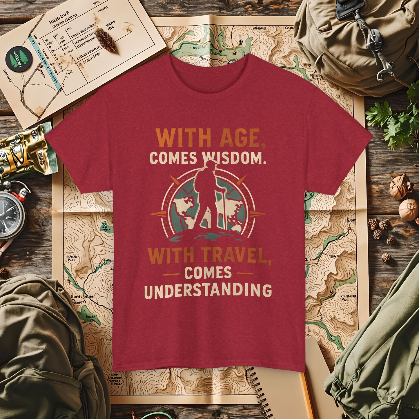With Age Comes Wisdom, With Travel Comes Understanding Tee – Explorer Compass Design | Camping, Hiking, Rafting & Kayaking Tees for Nature Lovers