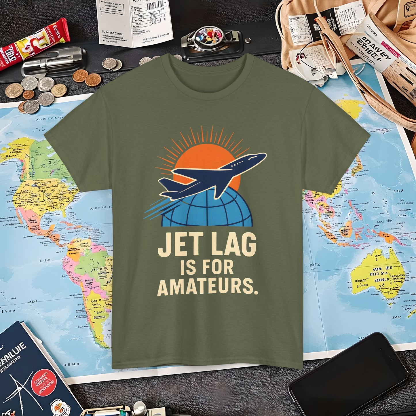 Jet Lag Is for Amateurs Vintage Jet Airplane Globe Bold Quote T-Shirt Air Travel T-Shirts | Jetsetter, Airport, and International Flight Tees