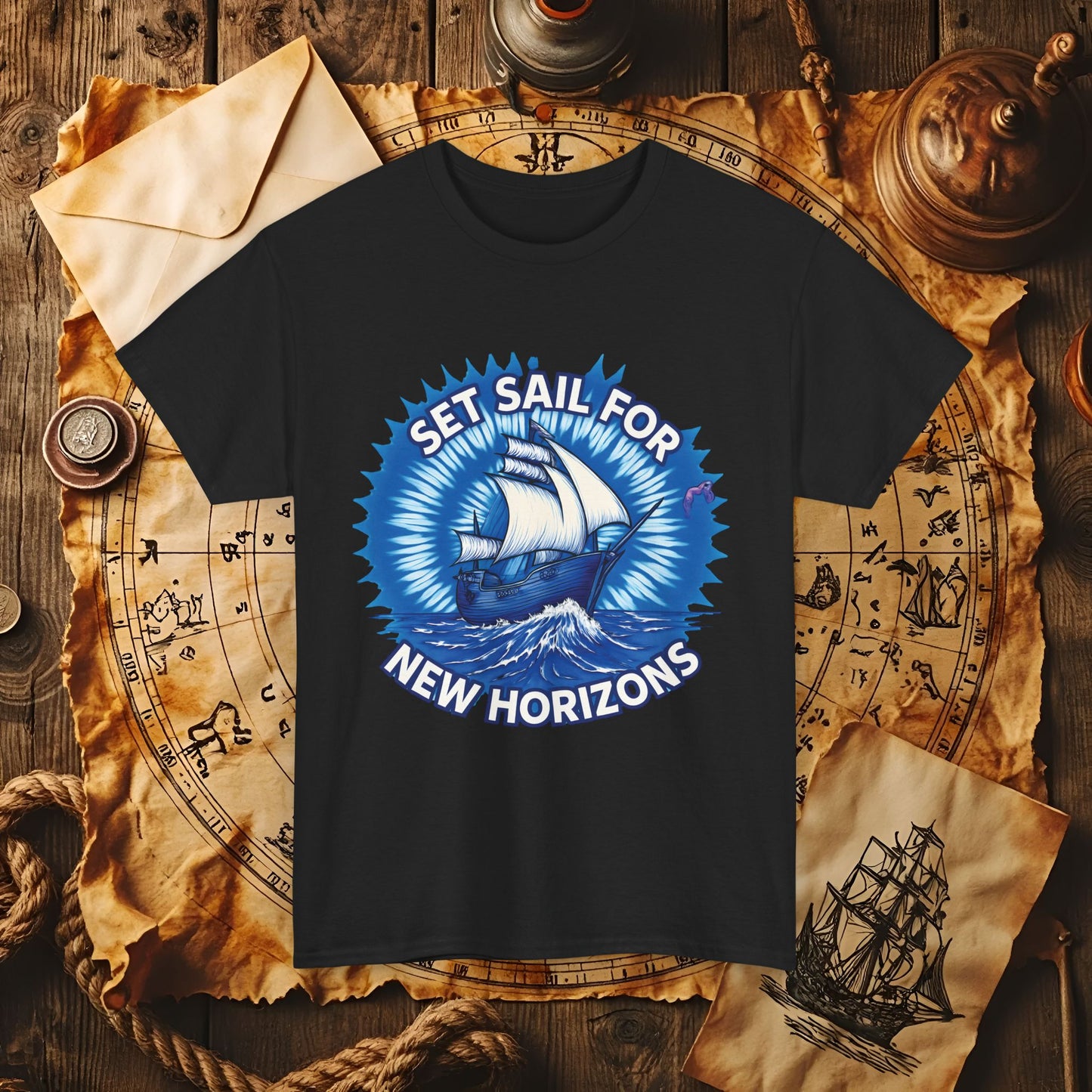 Set Sail for New Horizons T-Shirt – Old Tall Ship on Rough Water Design | Funny & Stylish Tees for Ocean Adventures