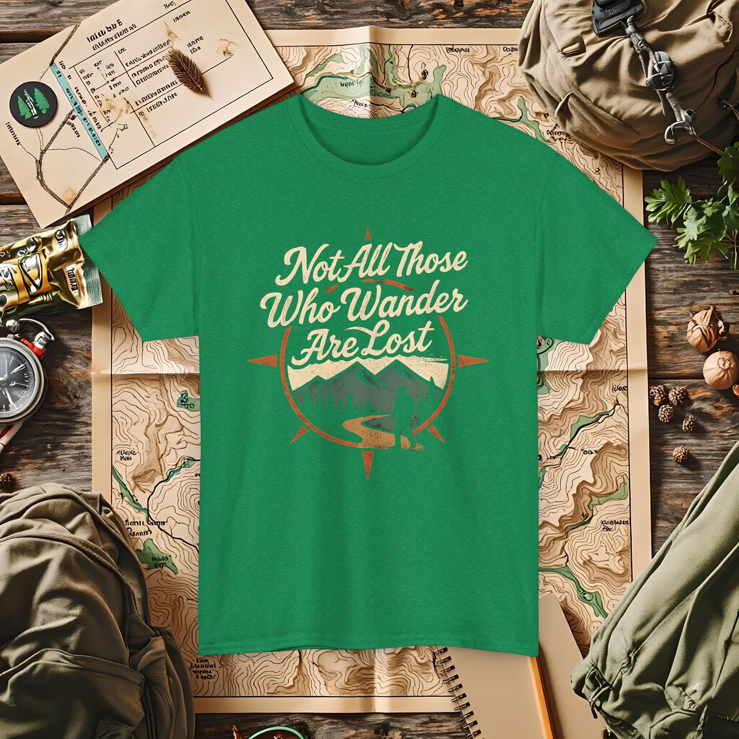 Not All Who Wander Are Lost – Vintage Compass Mountain Tee | Camping, Hiking, Rafting & Kayaking Tees for Nature Lovers
