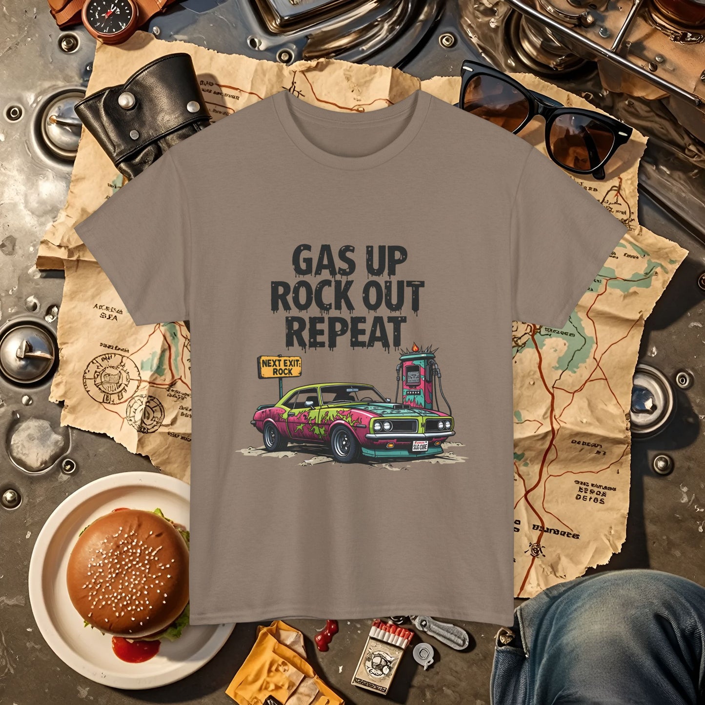 Gas Up, Rock Out and Repeat Road Trip & Vehicle Travel T-Shirts | Car, RV, and Motorcycle Adventure Tees
