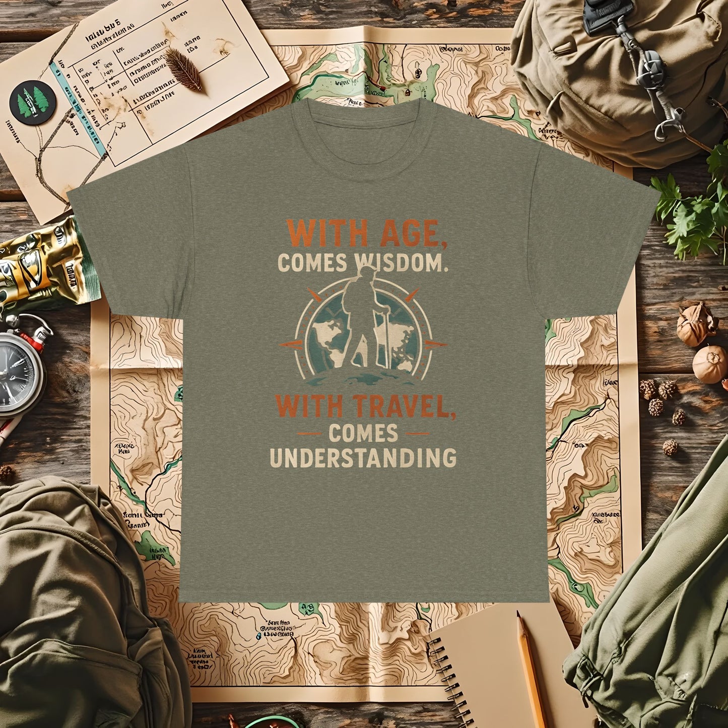 With Age Comes Wisdom, With Travel Comes Understanding Tee – Explorer Compass Design | Camping, Hiking, Rafting & Kayaking Tees for Nature Lovers