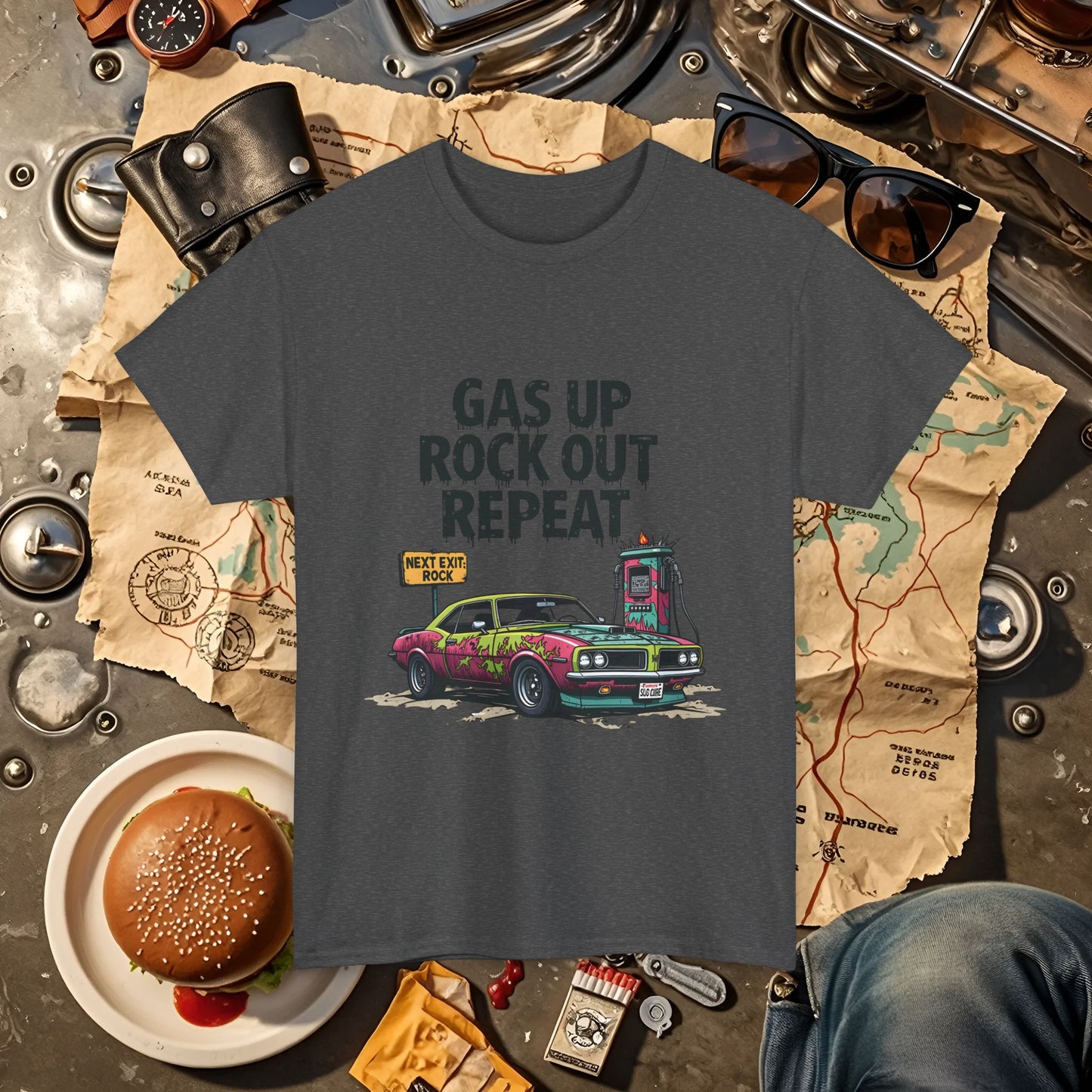 Gas Up, Rock Out and Repeat Road Trip & Vehicle Travel T-Shirts | Car, RV, and Motorcycle Adventure Tees