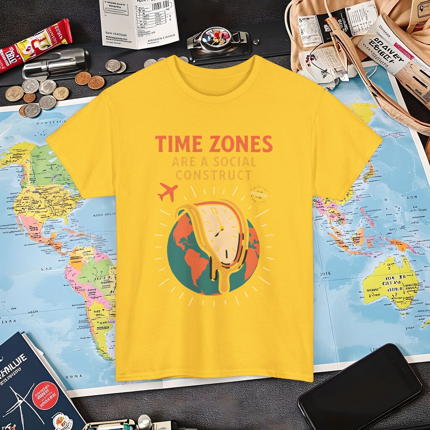 Time Zones Are a Social Construct Tee – Melting Clock Over World Map Travel Shirt Air Travel T-Shirts | Jetsetter, Airport, and International Flight Tees