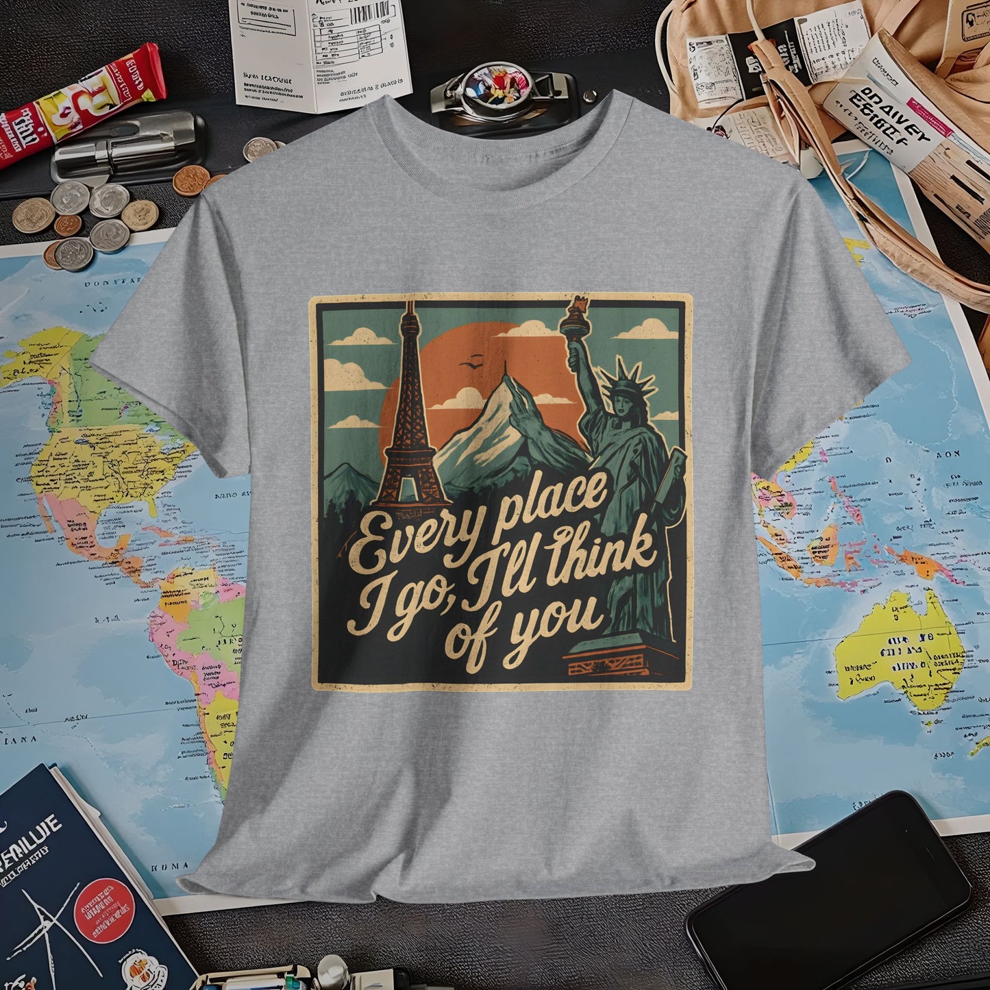 Every Place I Go, I’ll Think of You T-Shirt – Vintage Postcard Travel Collage with Iconic Landmarks Air Travel T-Shirts | Jetsetter, Airport, and International Flight Tees