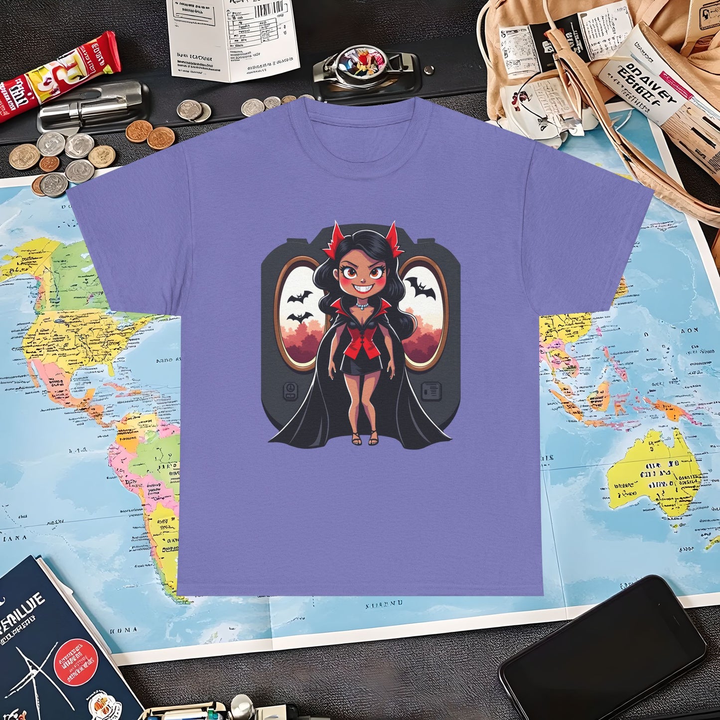 Vampire Flight Attendant T-Shirt – Gothic Girl with Bats Flying Outside the Plane Air Travel T-Shirts | Jetsetter, Airport, and International Flight Tees