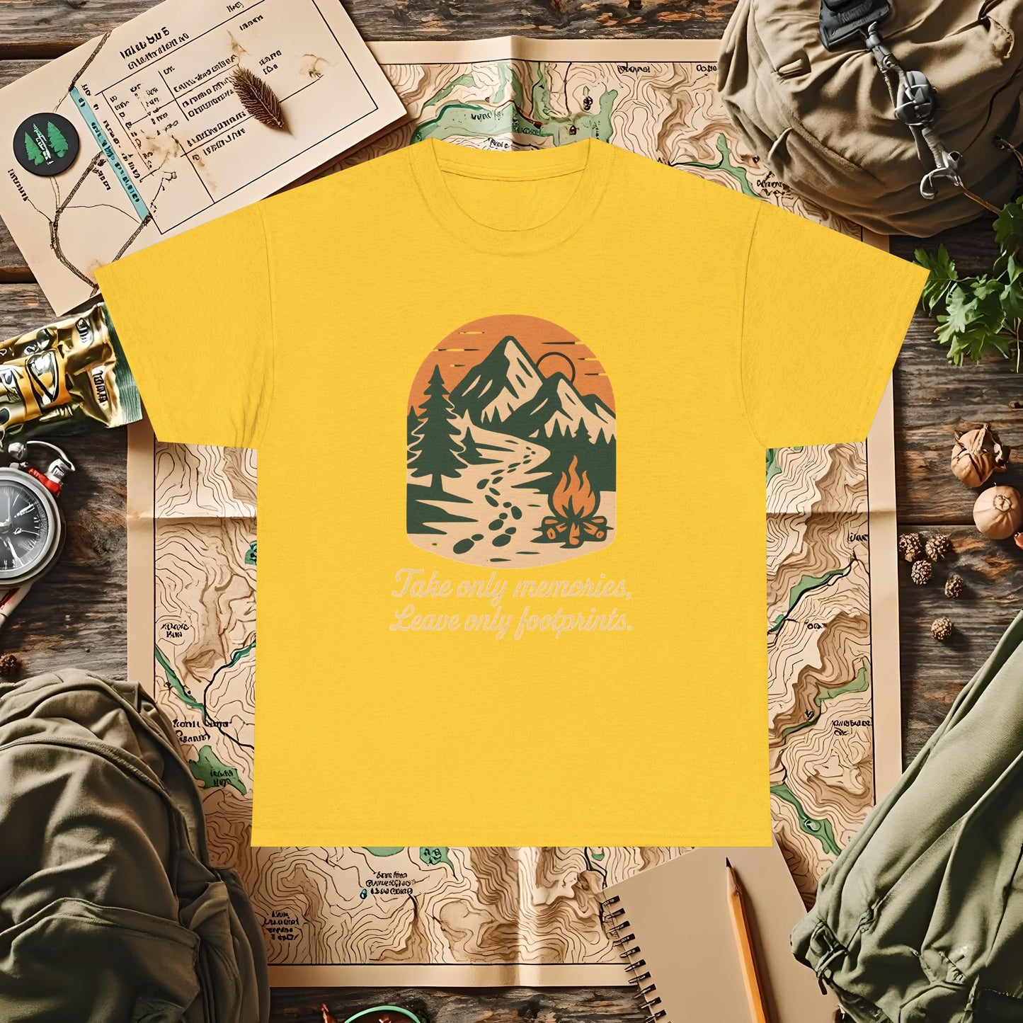 Take Only Memories, Leave Only Footprints — Sunset Mountain Trail Adventure Badge T-Shirt | Camping, Hiking, Rafting & Kayaking Tees for Nature Lovers