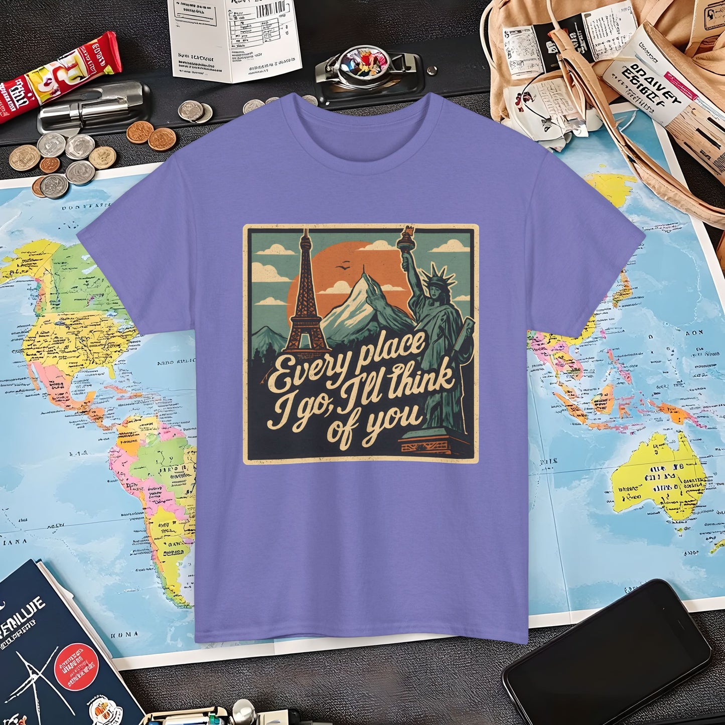 Every Place I Go, I’ll Think of You T-Shirt – Vintage Postcard Travel Collage with Iconic Landmarks Air Travel T-Shirts | Jetsetter, Airport, and International Flight Tees