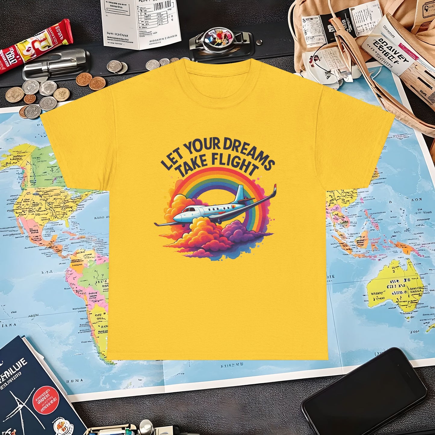 Let Your Dreams Take Flight T-Shirt – Airplane with Rainbow Trail Design Air Travel T-Shirts | Jetsetter, Airport, and International Flight Tees