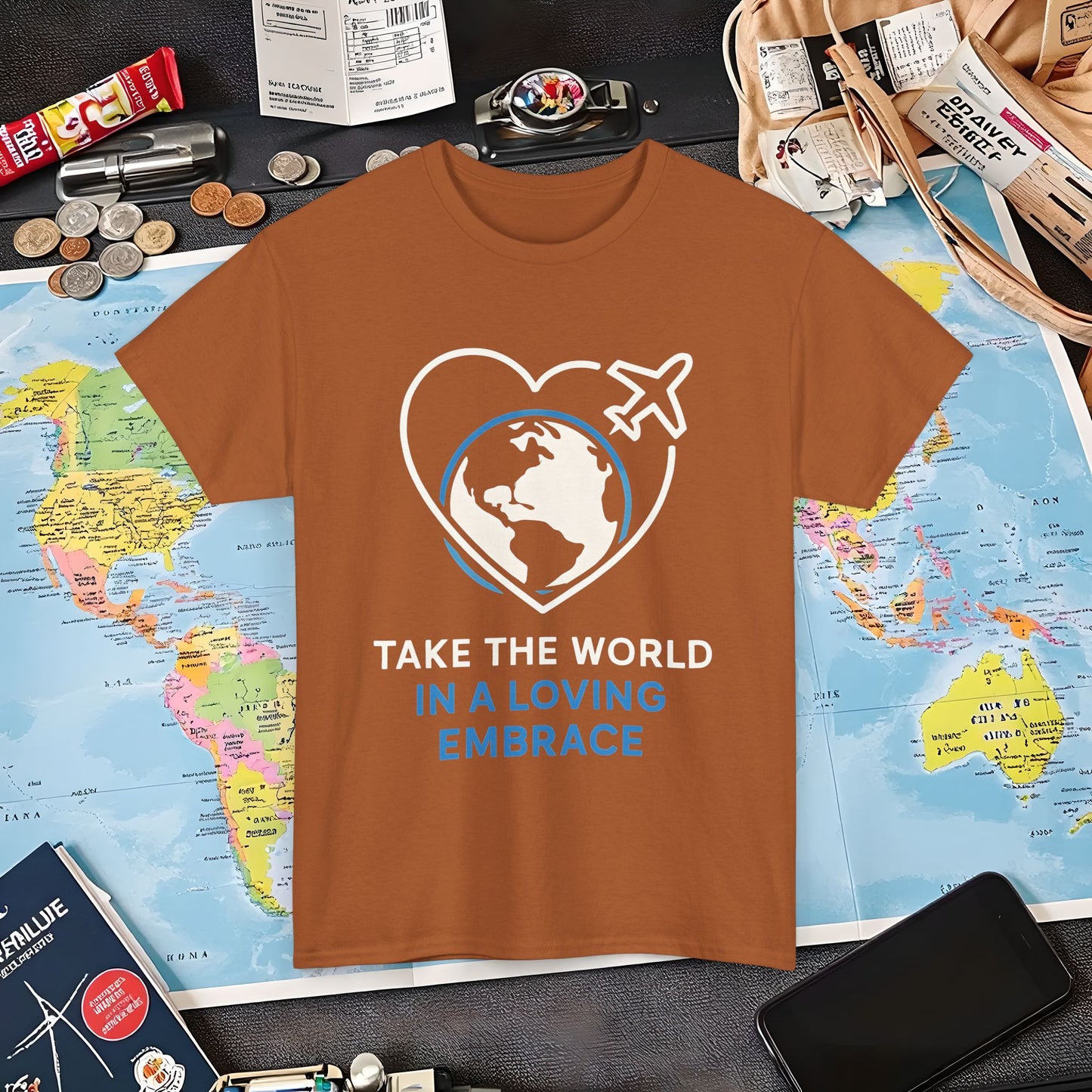Take the World in a Loving Embrace T-Shirt – Heart in Flight Over Globe Design Air Travel T-Shirts | Jetsetter, Airport, and International Flight Tees