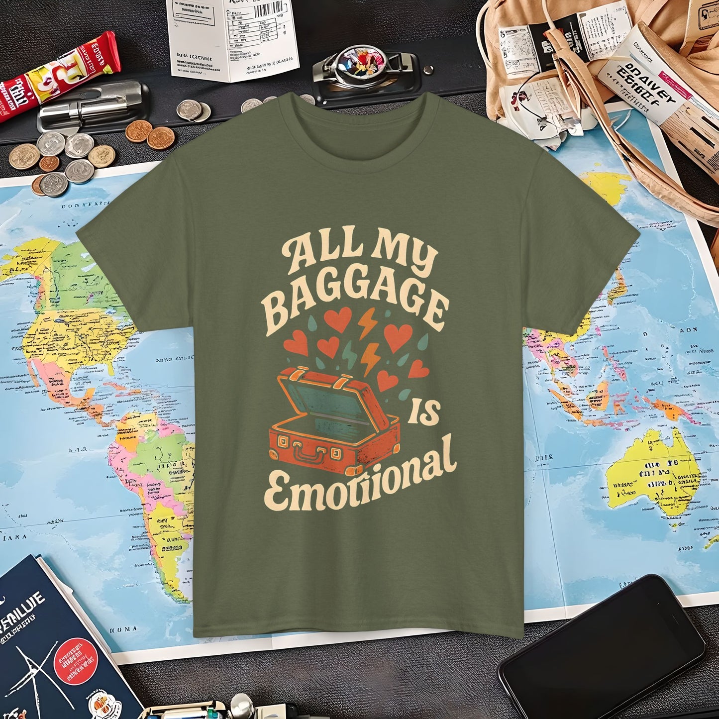 All My Baggage Is Emotional – Retro Suitcase Overflowing with Feelings Tee Air Travel T-Shirts | Jetsetter, Airport, and International Flight Tees