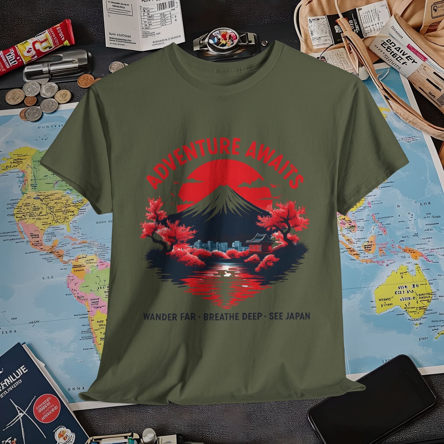Adventure Awaits – Wander Far, Breathe Deep, See Japan T-Shirt – Scenic Mountain Escape Design Air Travel T-Shirts | Jetsetter, Airport, and International Flight Tees