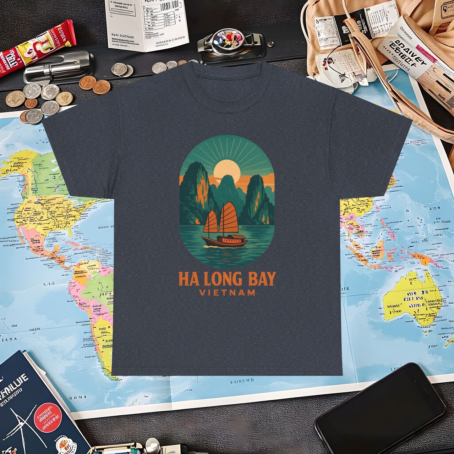 Ha Long Bay Vietnam T-Shirt – Art Deco Junk Boat Travel Shirt for Southeast Asia Lovers Air Travel T-Shirts | Jetsetter, Airport, and International Flight Tees