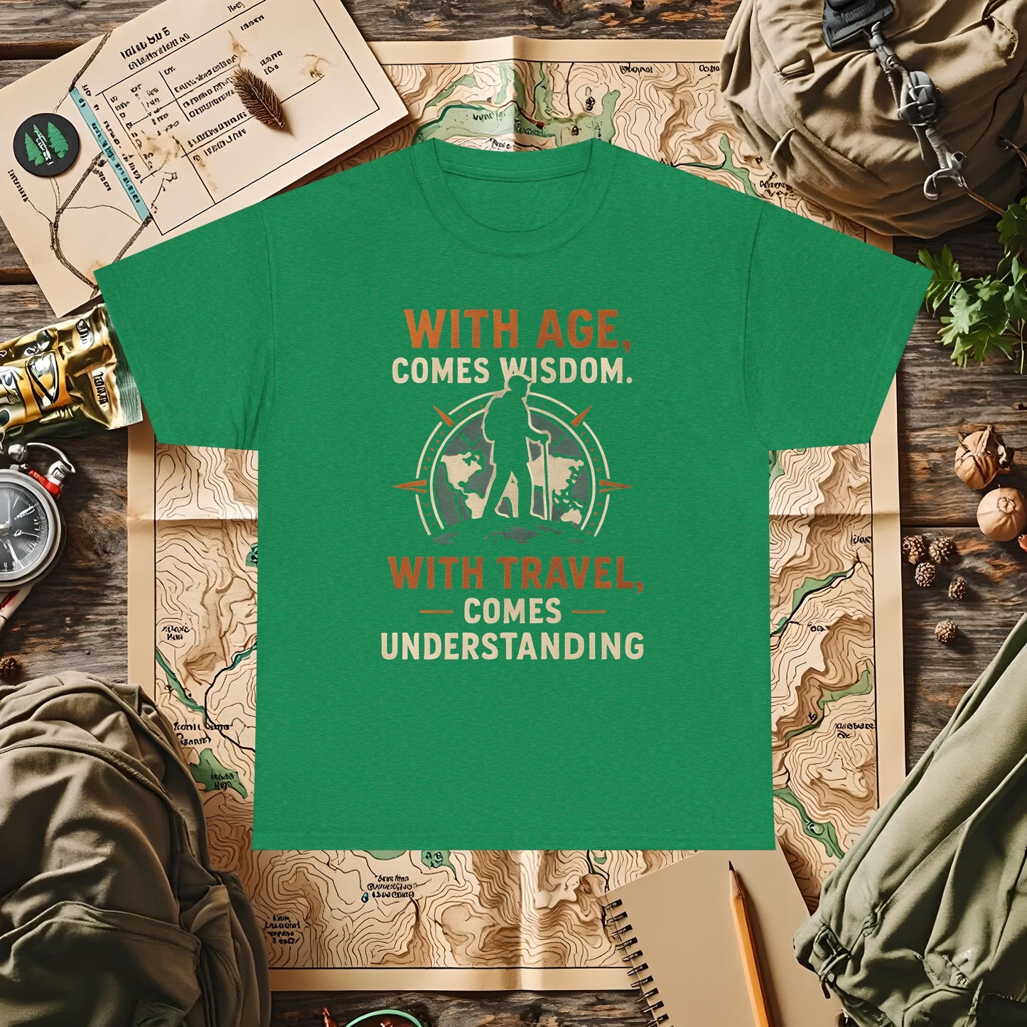 With Age Comes Wisdom, With Travel Comes Understanding Tee – Explorer Compass Design | Camping, Hiking, Rafting & Kayaking Tees for Nature Lovers