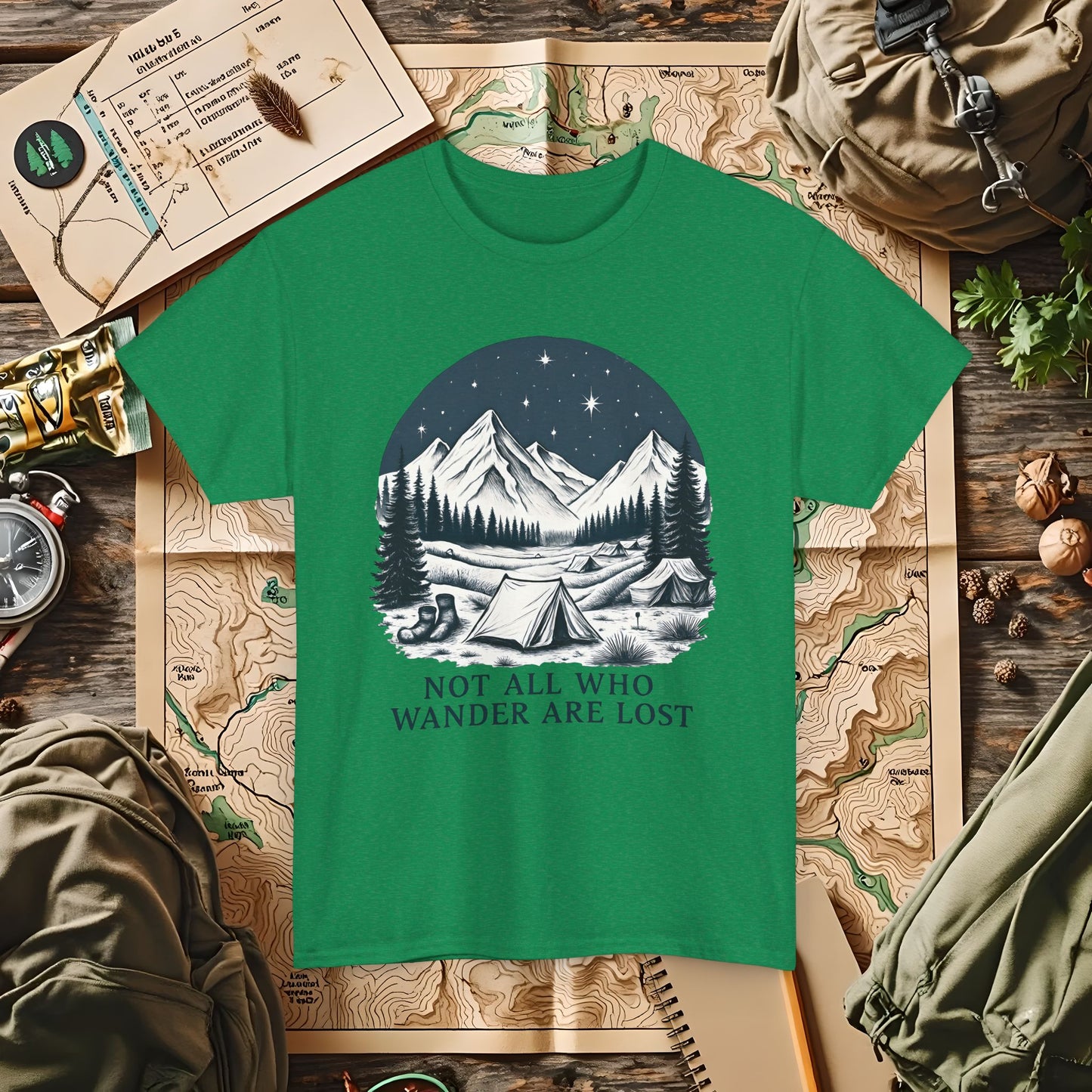 Not All Who Wander Are Lost T-Shirt – Mountain Camping Under Starry Night Camping, Hiking, Rafting & Kayaking Tees for Nature Lovers
