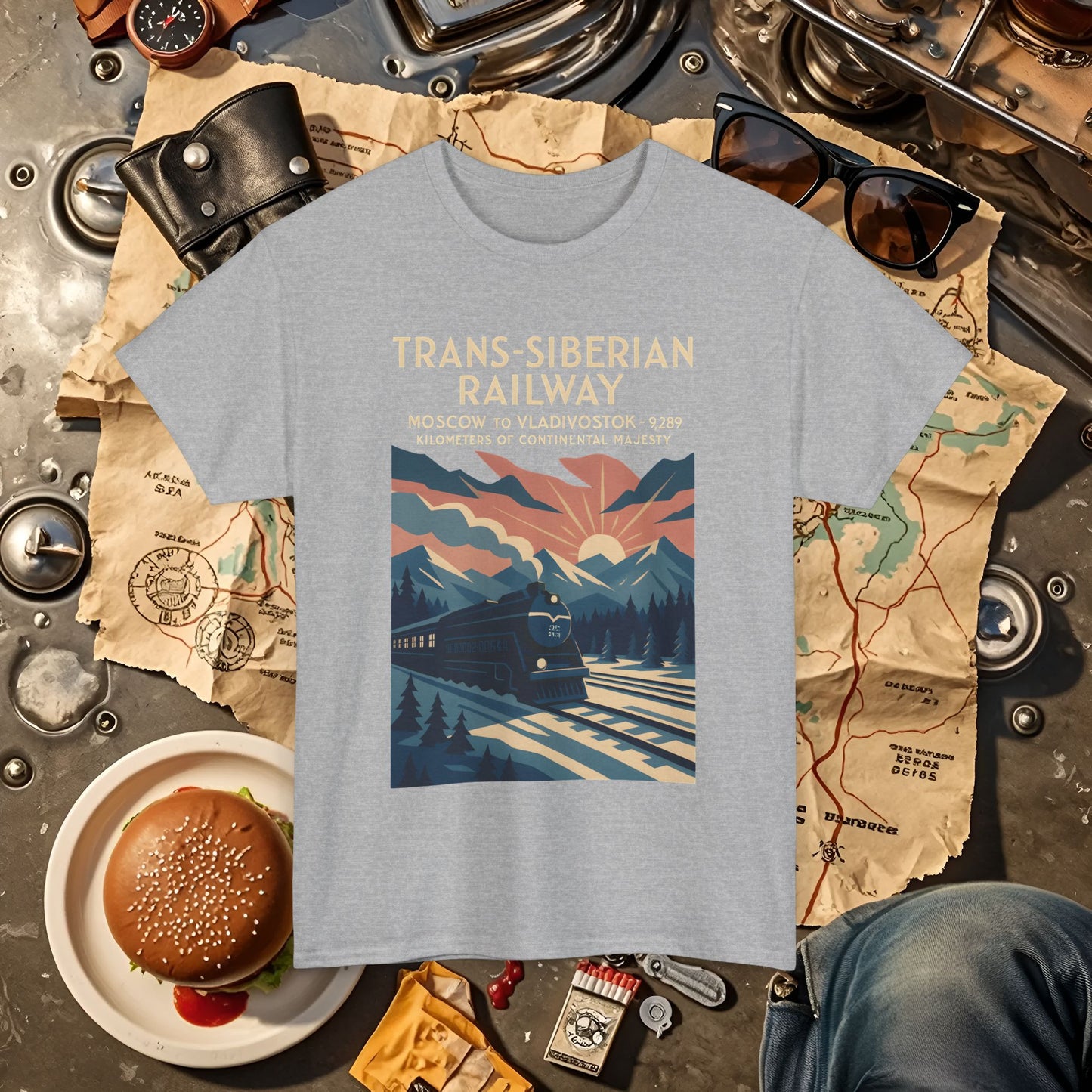 Trans-Siberian Twilight – Art Deco Russian Train Journey Tee Road Trip & Vehicle Travel T-Shirts | Car, RV, and Motorcycle Adventure Tees
