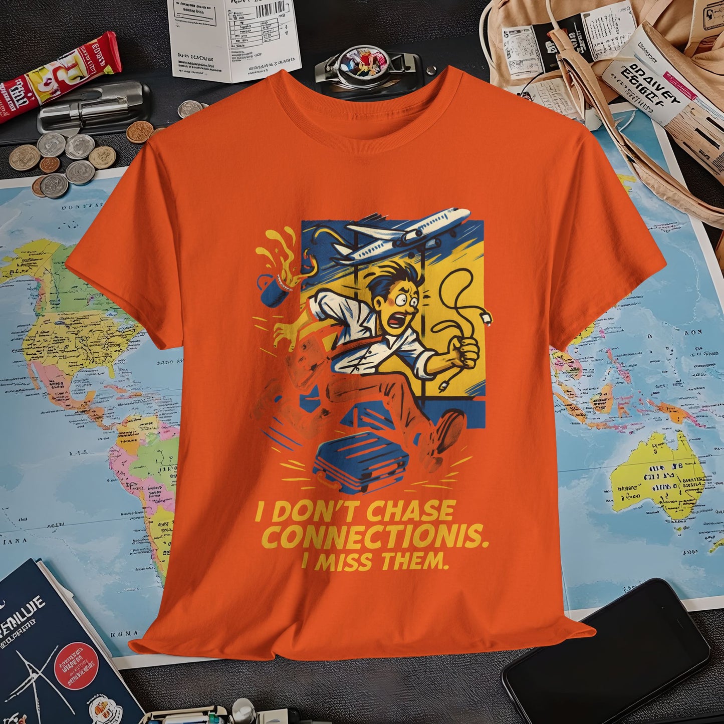 I Don’t Chase Connections, I Miss Them – Frantic Airport Traveler Tee Air Travel T-Shirts | Jetsetter, Airport, and International Flight Tees