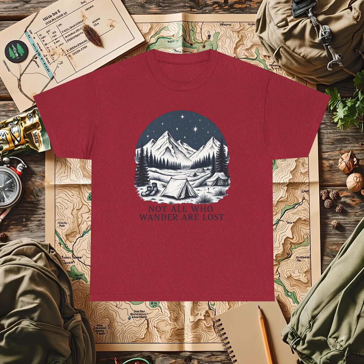 Not All Who Wander Are Lost T-Shirt – Mountain Camping Under Starry Night Camping, Hiking, Rafting & Kayaking Tees for Nature Lovers