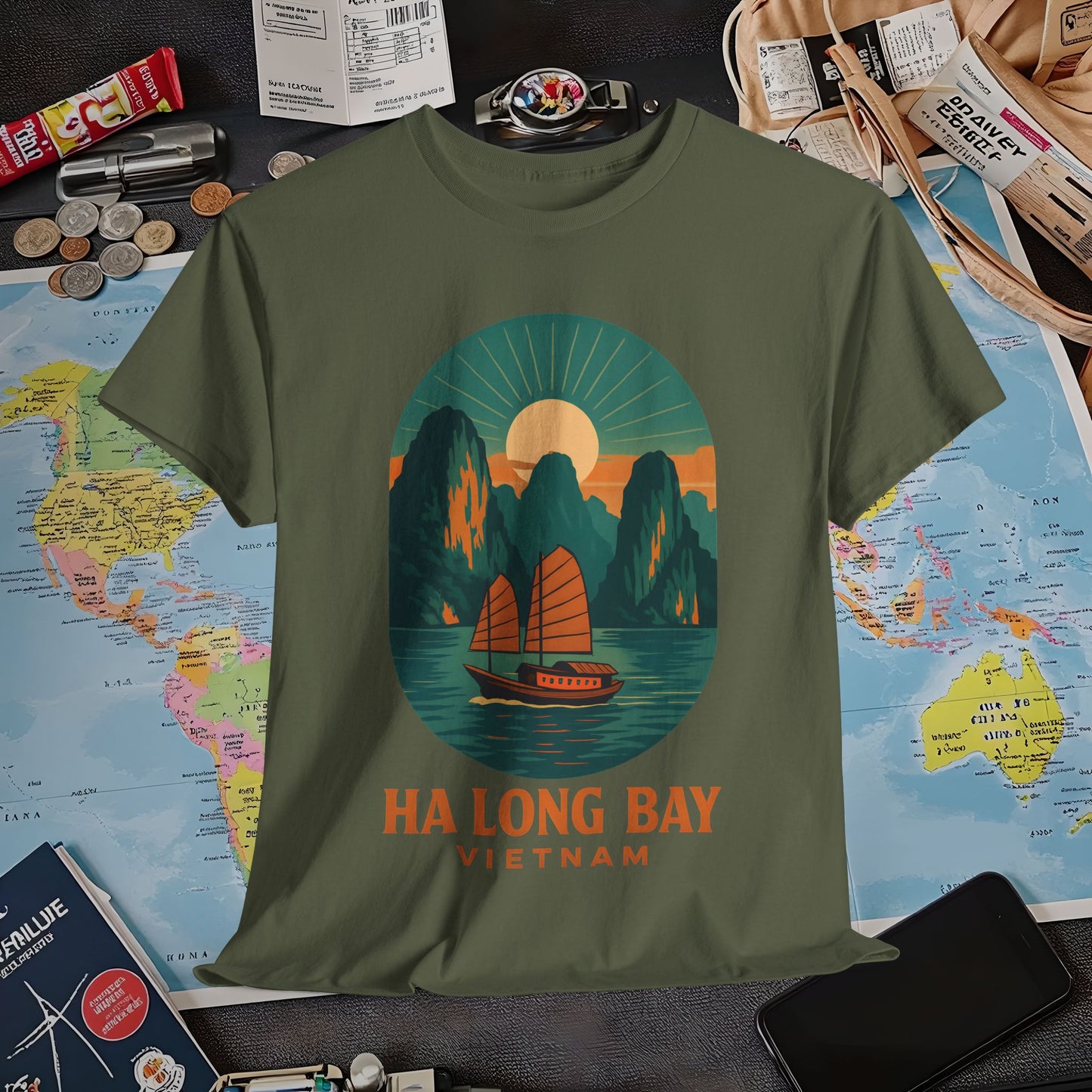 Ha Long Bay Vietnam T-Shirt – Art Deco Junk Boat Travel Shirt for Southeast Asia Lovers Air Travel T-Shirts | Jetsetter, Airport, and International Flight Tees