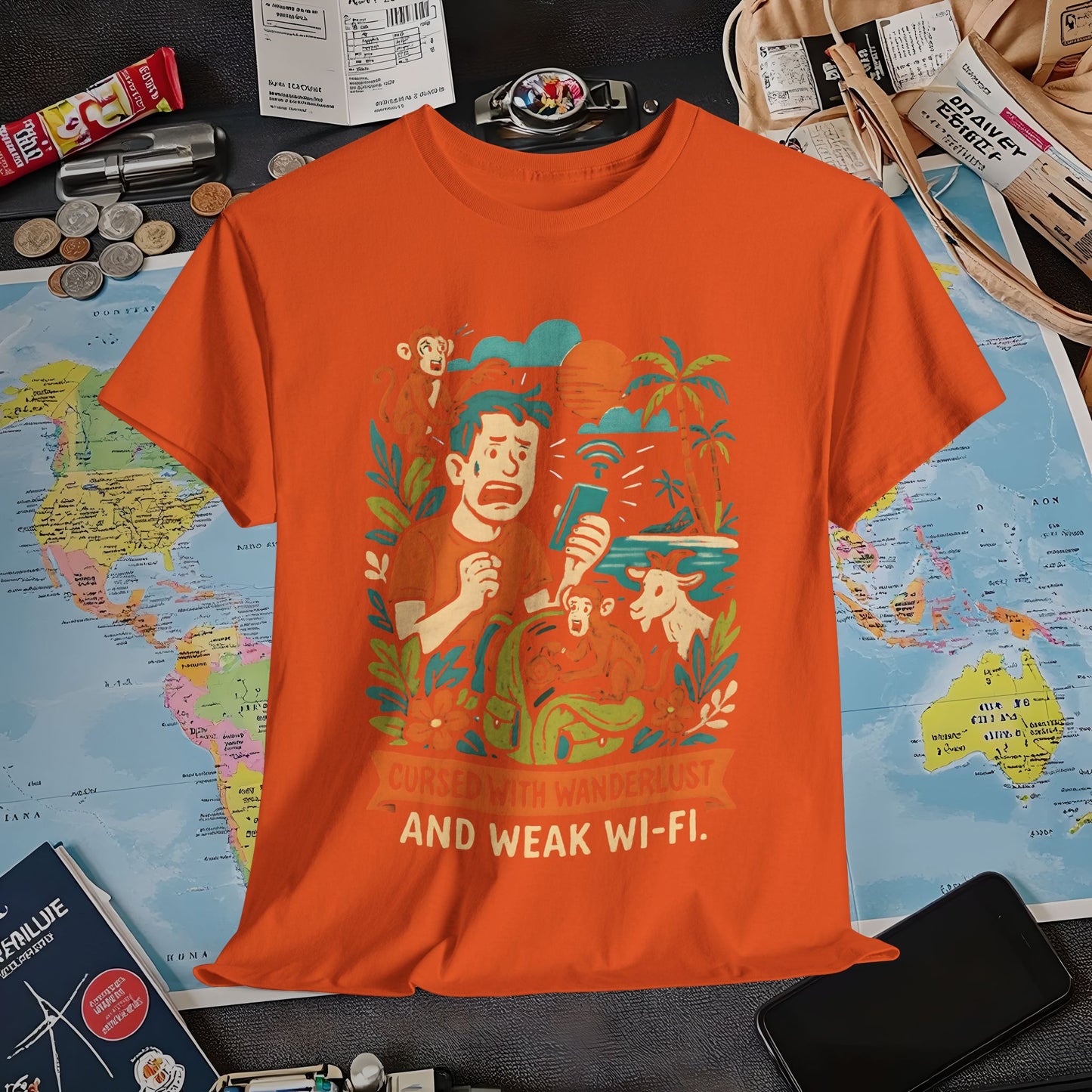 Cursed with Wanderlust and Weak Wi-Fi – Funny Tropical Traveler Frustration Tee Travel T-Shirts | Jetsetter, Airport, and International Flight Tees