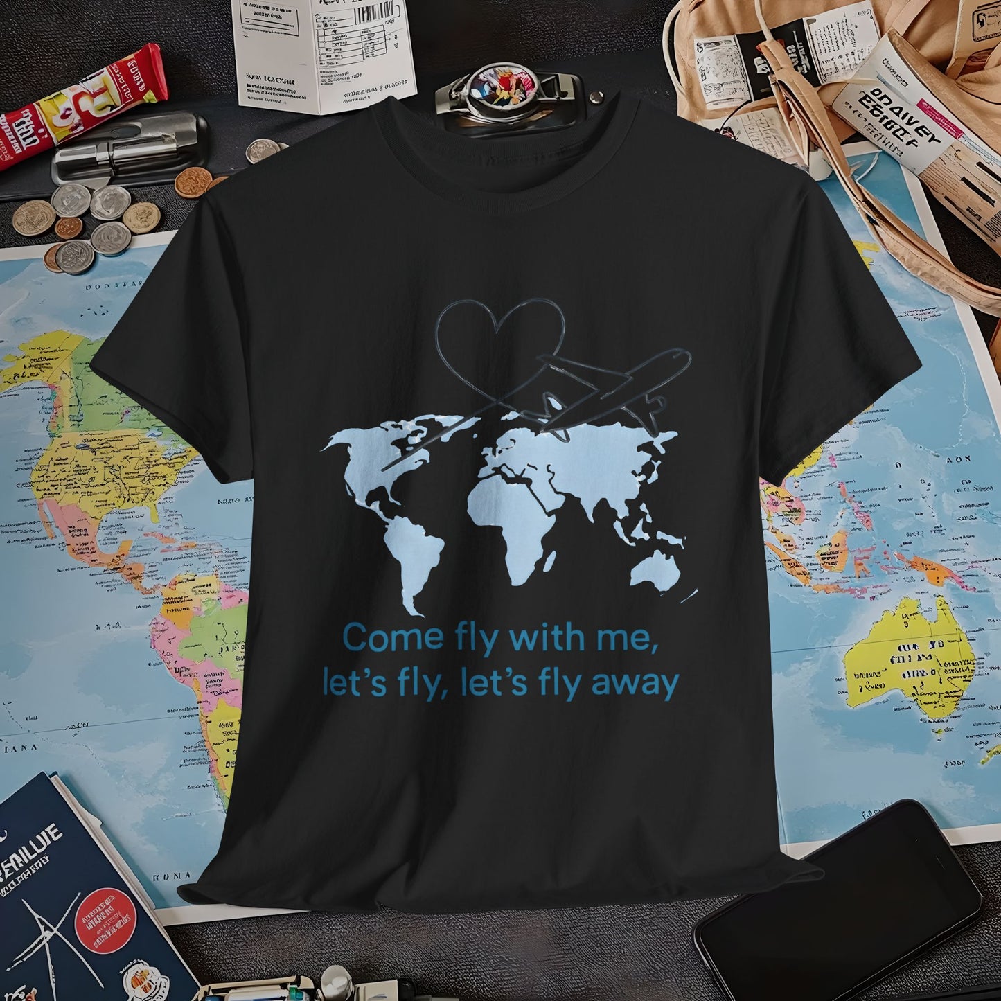 Come Fly With Me T-Shirt – Heart-Loop Airplane Over World Map Design Air Travel T-Shirts | Jetsetter, Airport, and International Flight Tees