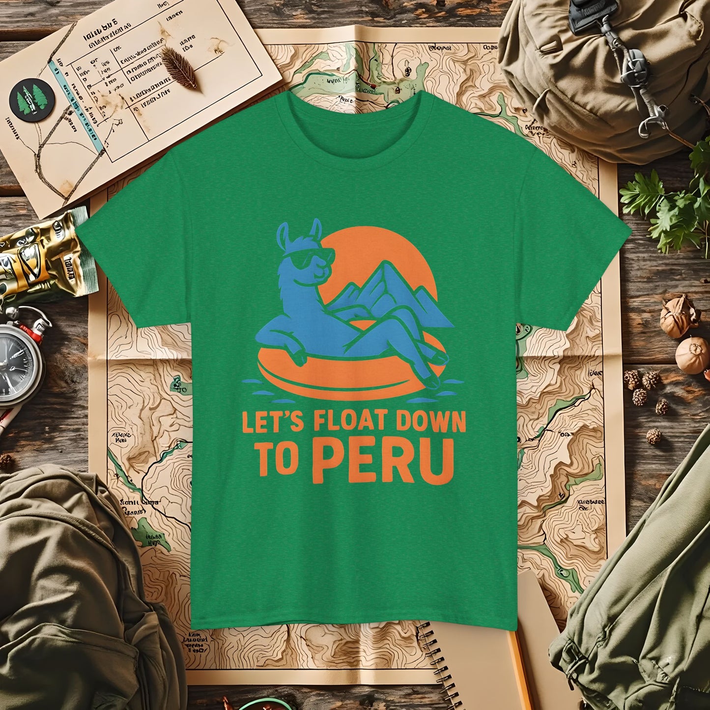 Let’s Float Down to Peru T-Shirt – Chill Llama on Inner Tube and Andes Sunset Outdoor Adventure T-Shirts | Camping, Hiking, Rafting & Kayaking Tees for Nature Lovers