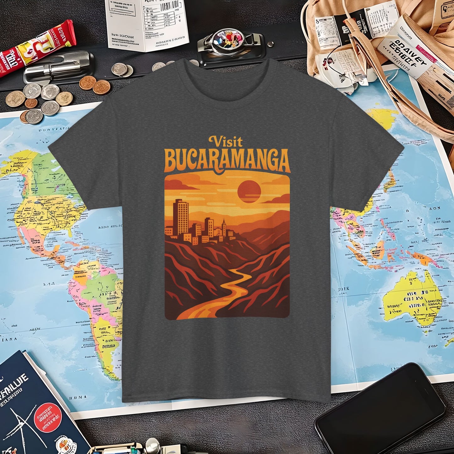 Retro Bucaramanga Skyline & Chicamocha Canyon Sunset – Vintage Colombia Travel Tee | Layover Club Air Travel T-Shirts | Jetsetter, Airport, and International Flight Tees