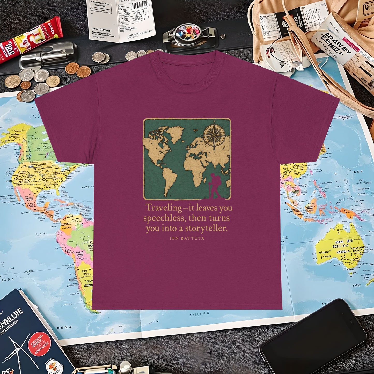 Speechless to Storyteller – Vintage Map Wanderlust Quote Tee Air Travel T-Shirts | Jetsetter, Airport, and International Flight Tees