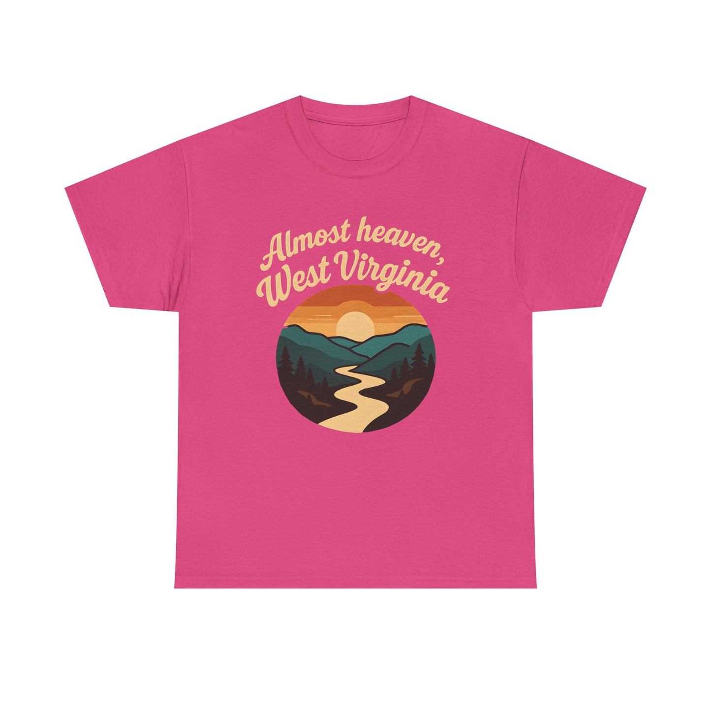 Almost Heaven, West Virginia T-Shirt – Vintage Appalachian Sunset with Winding River Road Trip & Vehicle Travel T-Shirts | Car, RV, and Motorcycle Adventure Tees