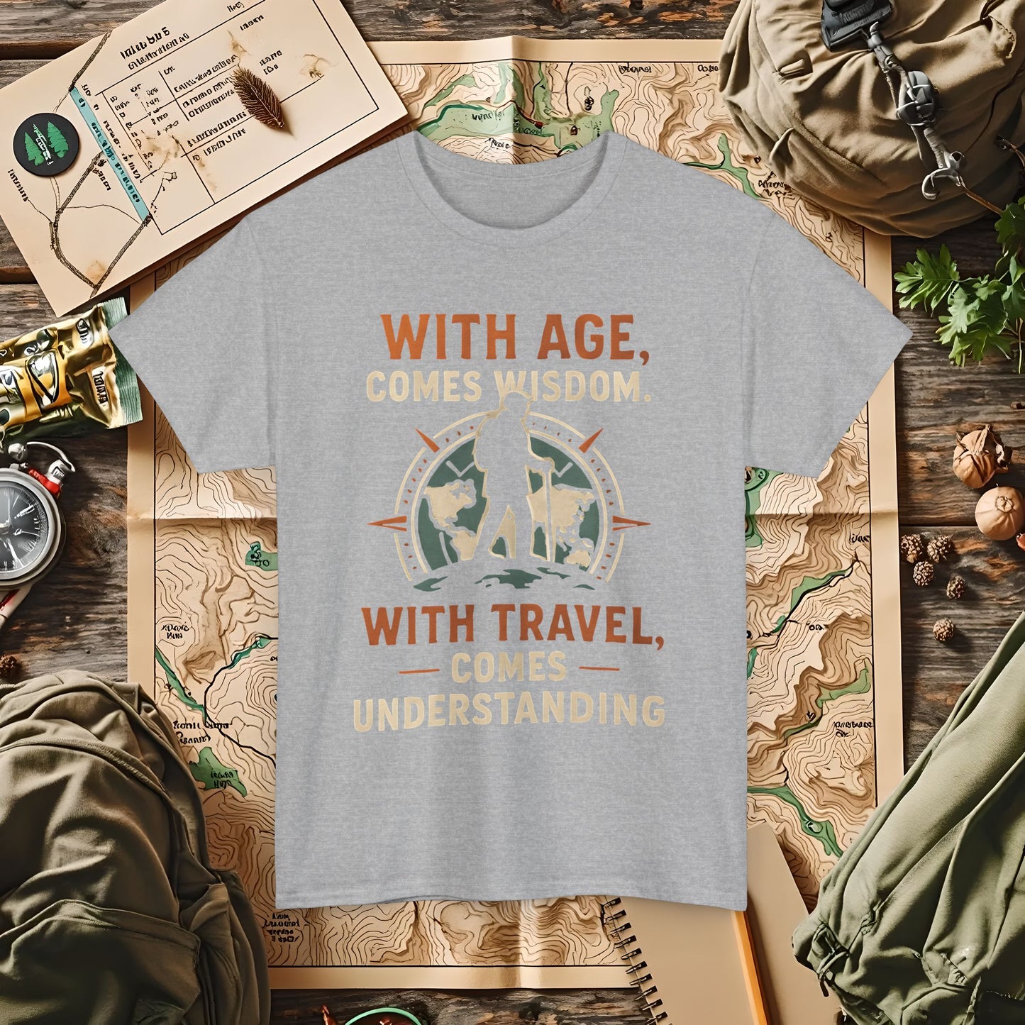 With Age Comes Wisdom, With Travel Comes Understanding Tee – Explorer Compass Design | Camping, Hiking, Rafting & Kayaking Tees for Nature Lovers