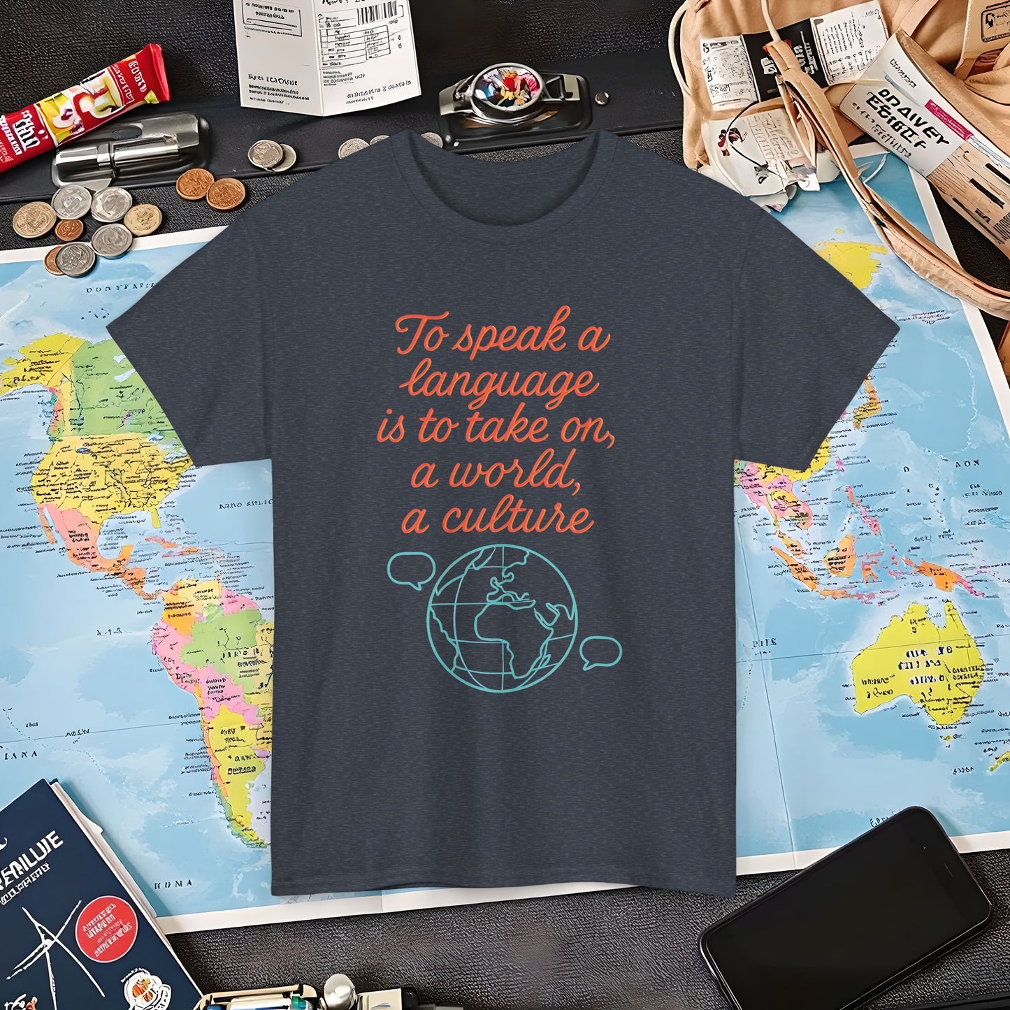 To Speak a Language Is to Take on a World – Cultural Connection Tee with Globe & Speech Bubbles | Layover Club Air Travel T-Shirts | Jetsetter, Airport, and International Flight Tees