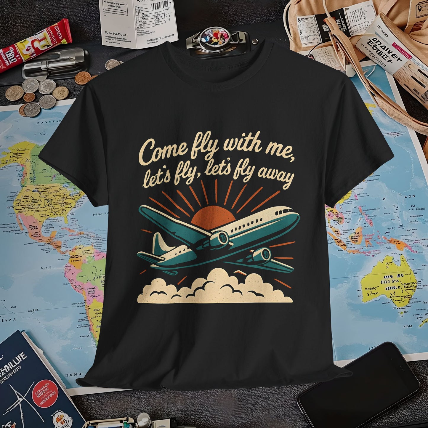 Come Fly With Me T-Shirt – Vintage Skybound Adventure with Retro Airplane DesignAir Travel T-Shirts | Jetsetter, Airport, and International Flight Tees