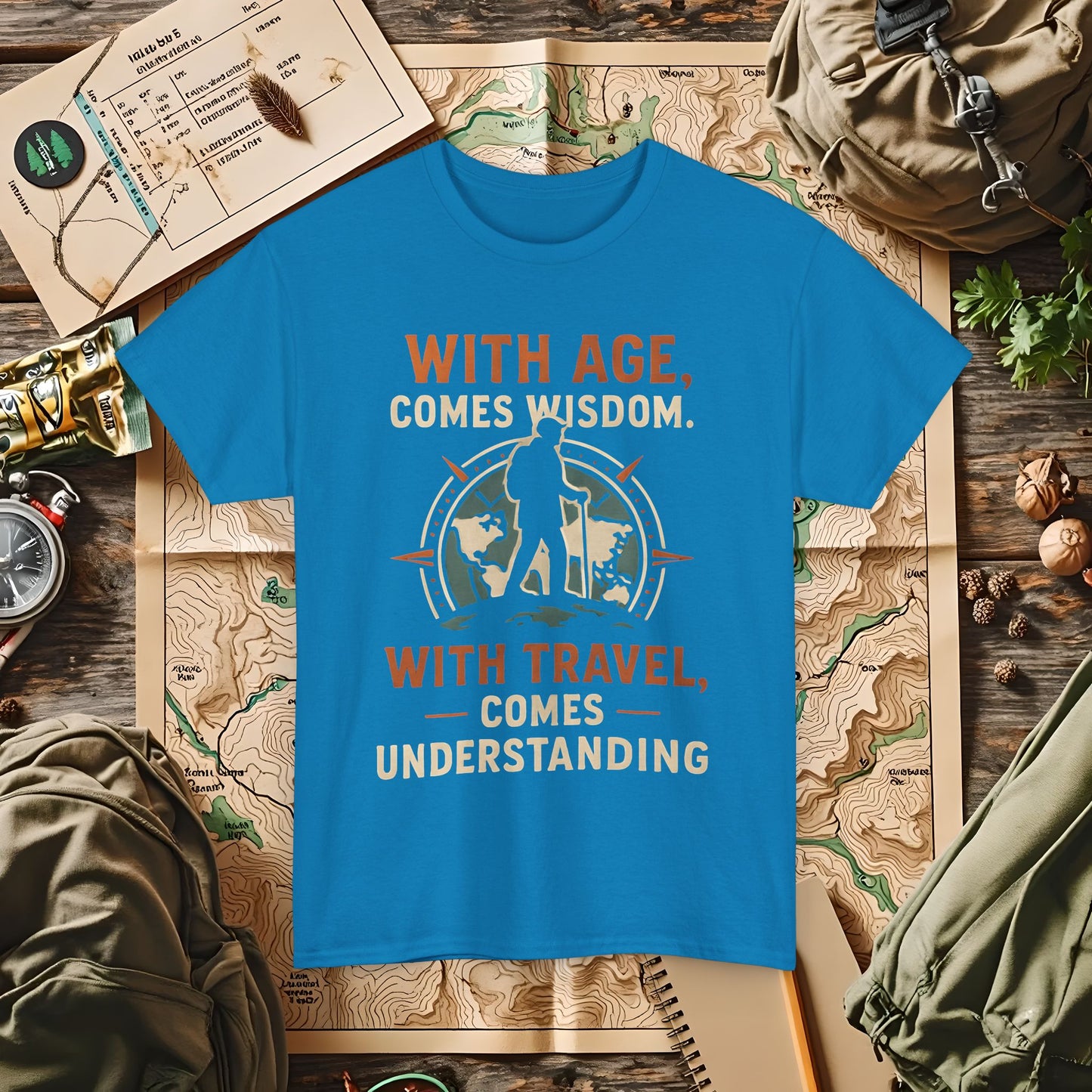 With Age Comes Wisdom, With Travel Comes Understanding Tee – Explorer Compass Design | Camping, Hiking, Rafting & Kayaking Tees for Nature Lovers