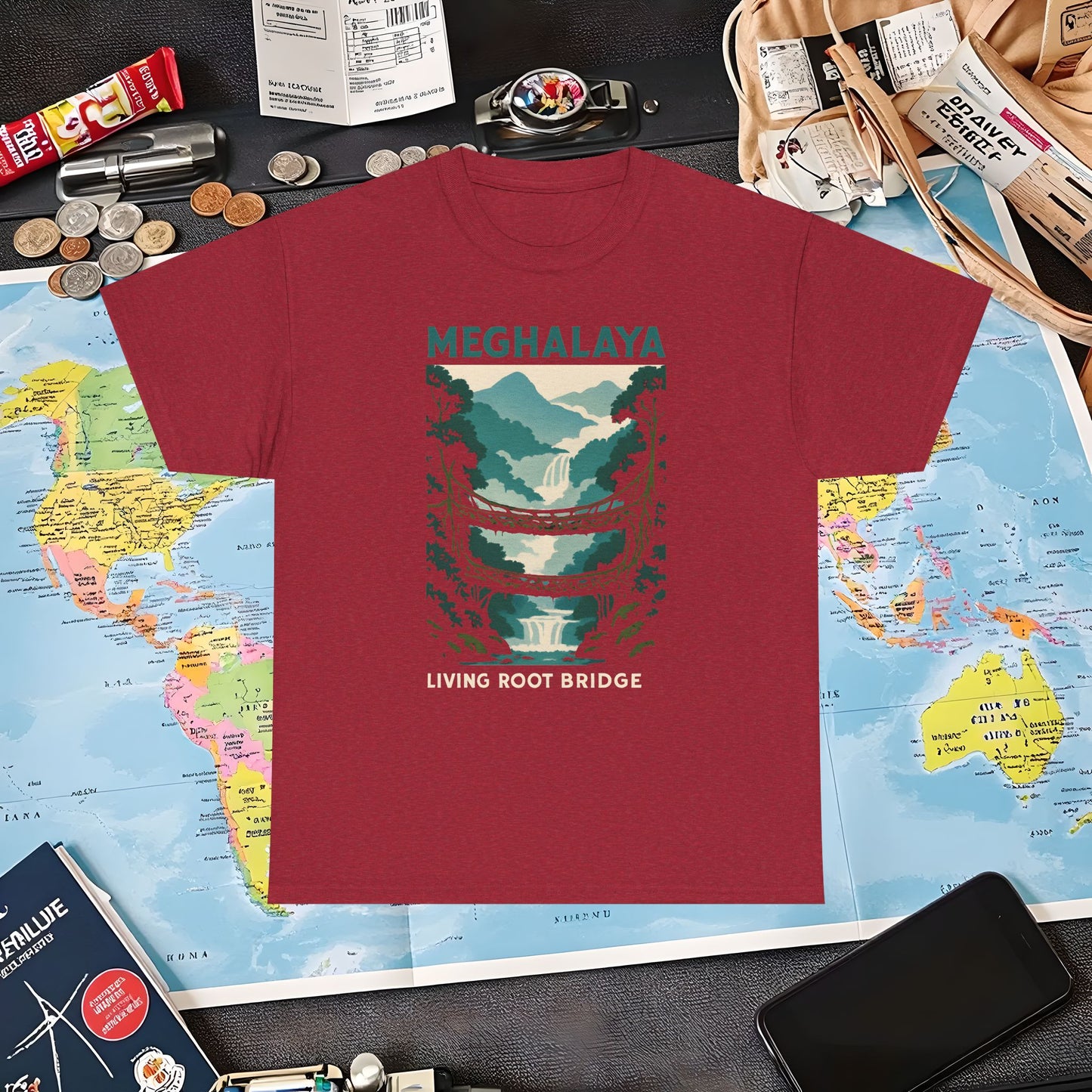 Living Root Bridges of Meghalaya – Hidden India Nature Adventure Tee Air Travel T-Shirts | Jetsetter, Airport, and International Flight Tees