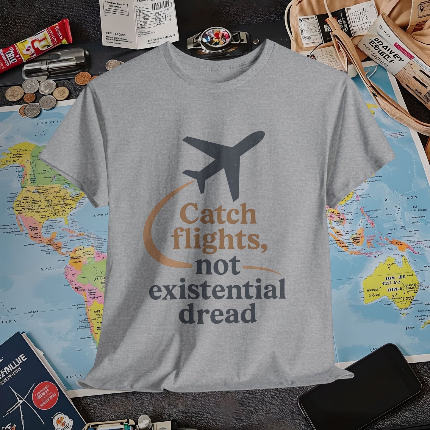 Catch Flights Not Existential Dread Tee – Minimalist Airplane Silhouette Quote Shirt Air Travel T-Shirts | Jetsetter, Airport, and International Flight Tees