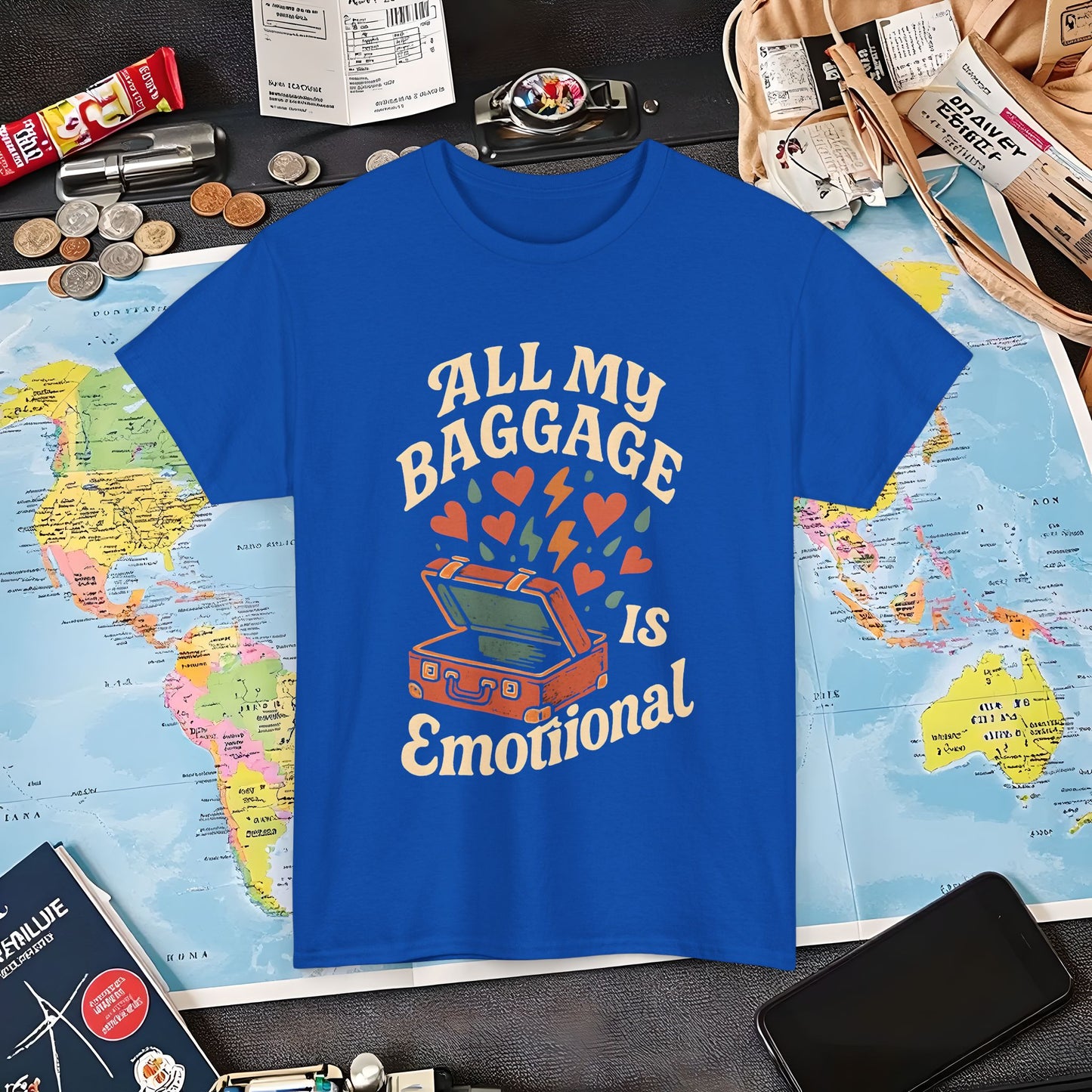 All My Baggage Is Emotional – Retro Suitcase Overflowing with Feelings Tee Air Travel T-Shirts | Jetsetter, Airport, and International Flight Tees