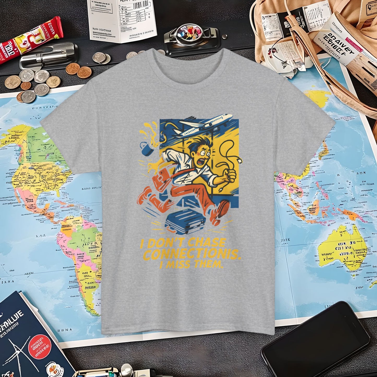 I Don’t Chase Connections, I Miss Them – Frantic Airport Traveler Tee Air Travel T-Shirts | Jetsetter, Airport, and International Flight Tees