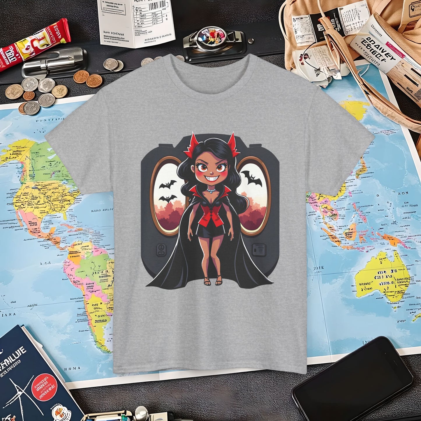 Vampire Flight Attendant T-Shirt – Gothic Girl with Bats Flying Outside the Plane Air Travel T-Shirts | Jetsetter, Airport, and International Flight Tees