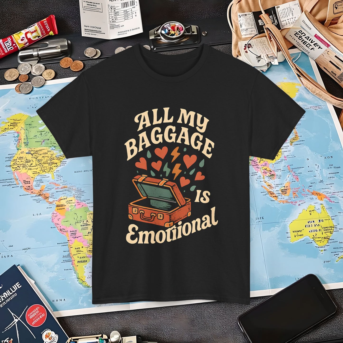 All My Baggage Is Emotional – Retro Suitcase Overflowing with Feelings Tee Air Travel T-Shirts | Jetsetter, Airport, and International Flight Tees