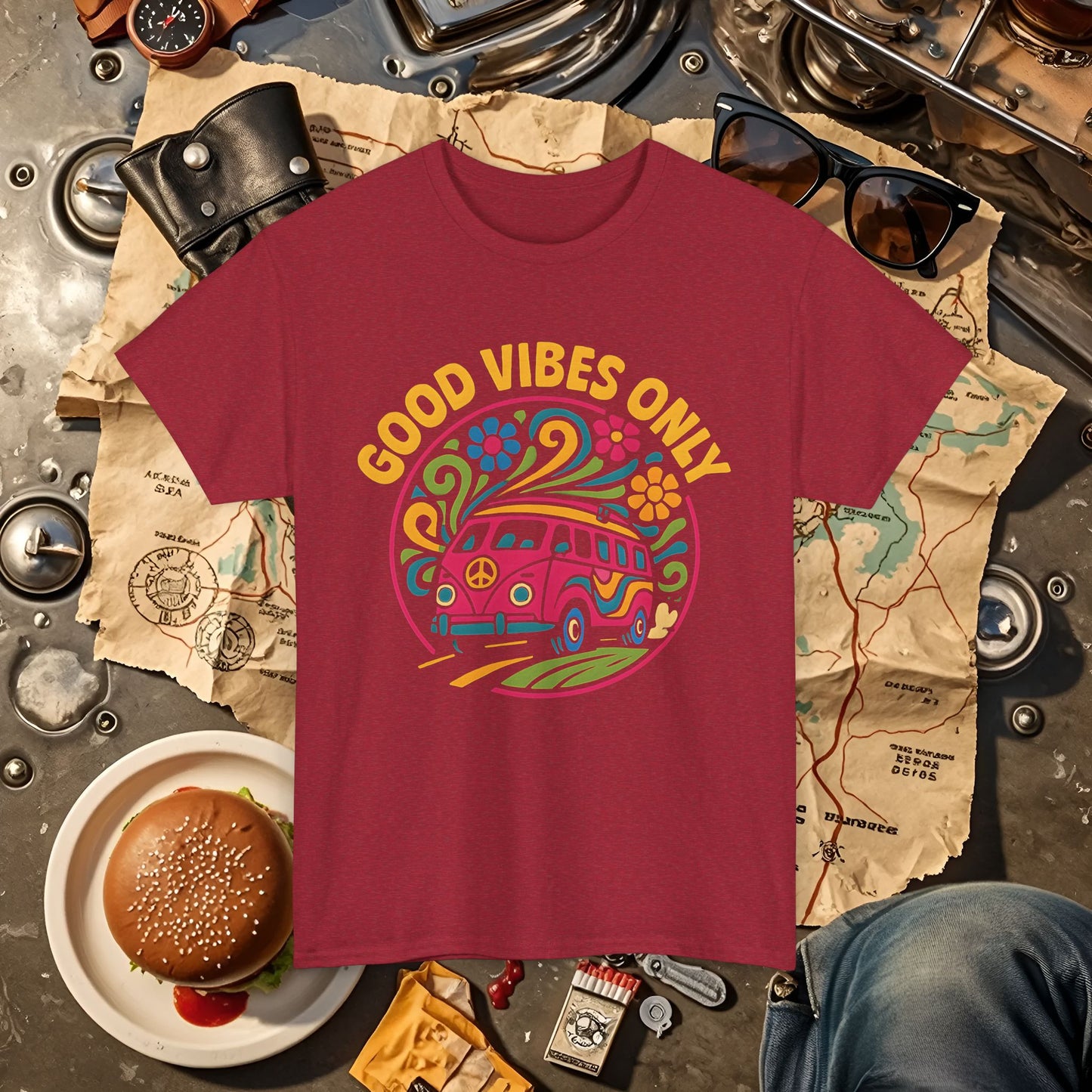 Good Vibes Only T-Shirt – Retro Hippie Van with 70s-Inspired Positivity Road Trip & Vehicle Travel T-Shirts | Car, RV, and Motorcycle Adventure Tees
