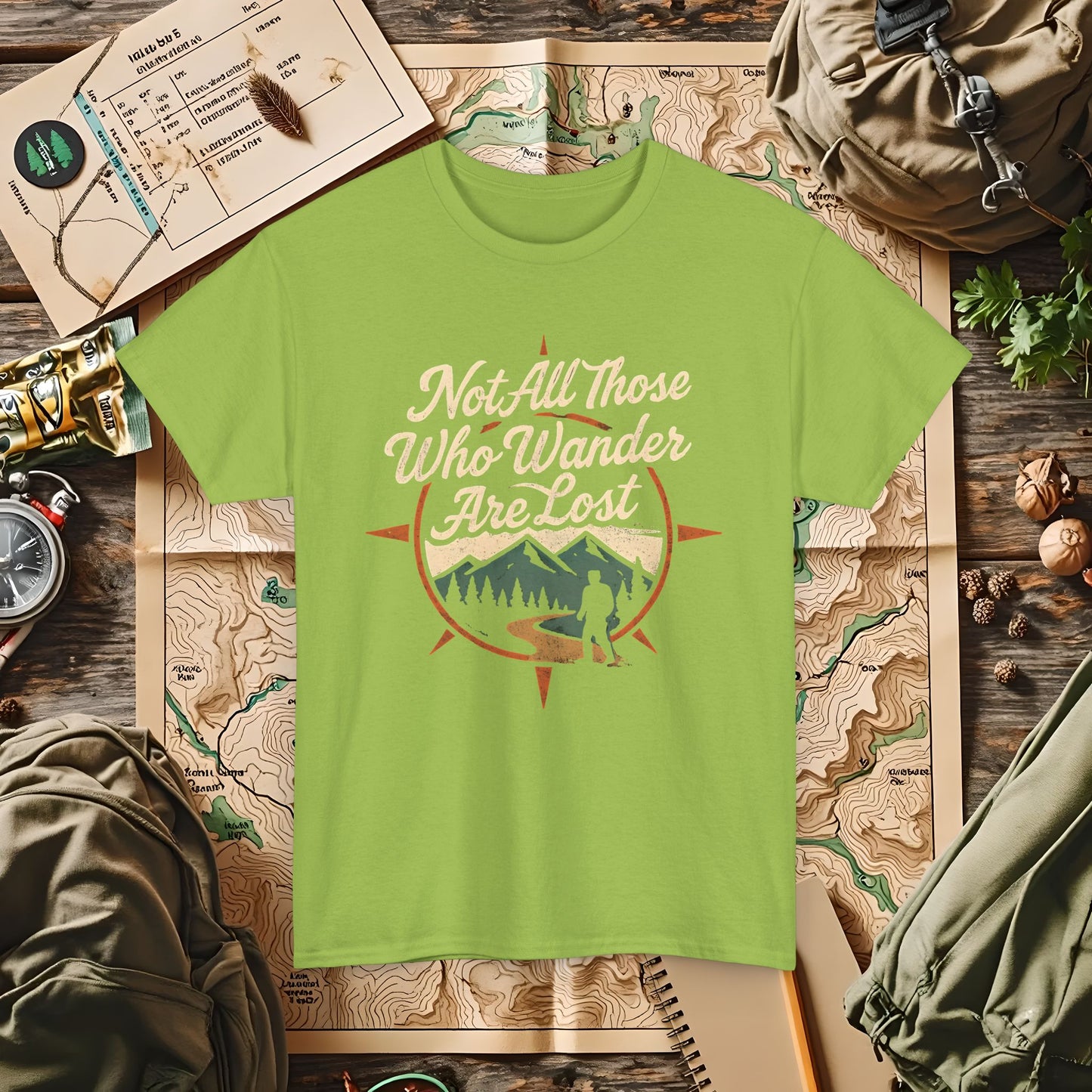 Not All Who Wander Are Lost – Vintage Compass Mountain Tee | Camping, Hiking, Rafting & Kayaking Tees for Nature Lovers