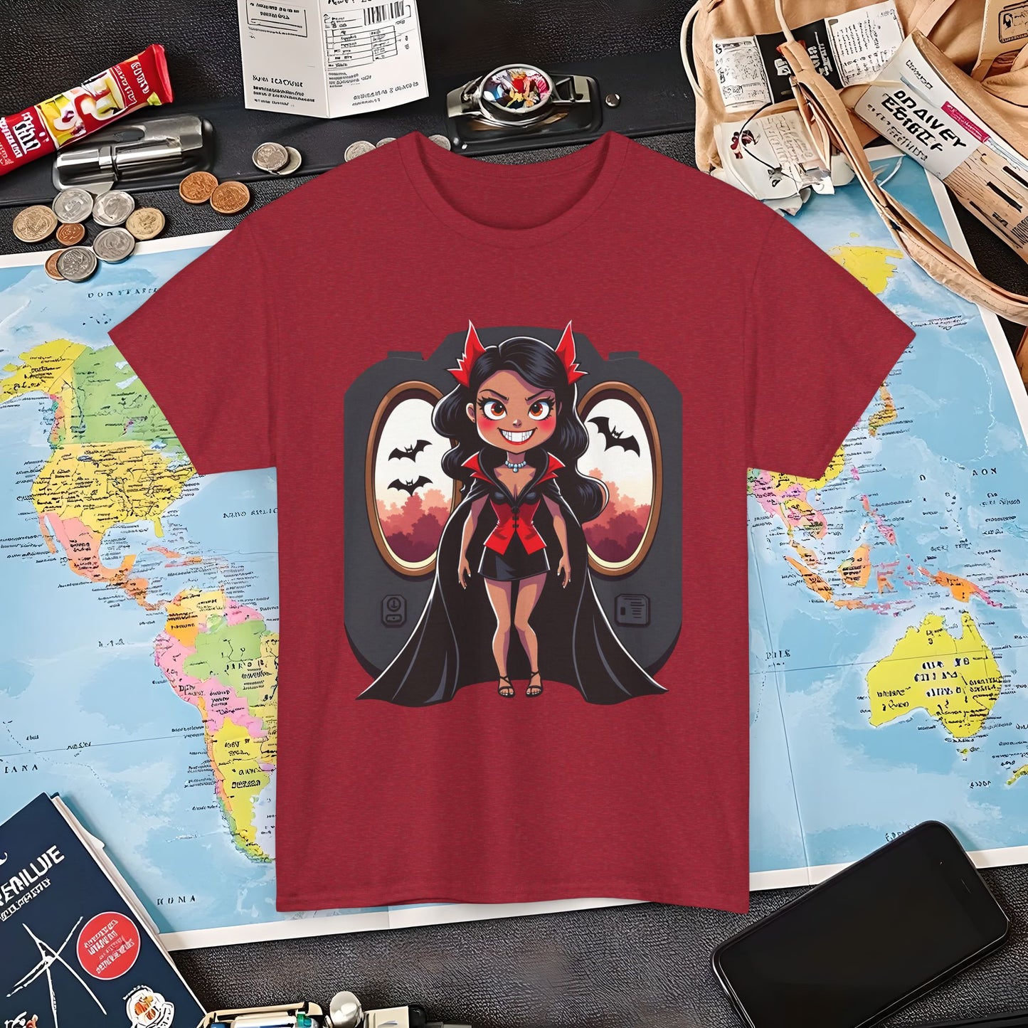 Vampire Flight Attendant T-Shirt – Gothic Girl with Bats Flying Outside the Plane Air Travel T-Shirts | Jetsetter, Airport, and International Flight Tees
