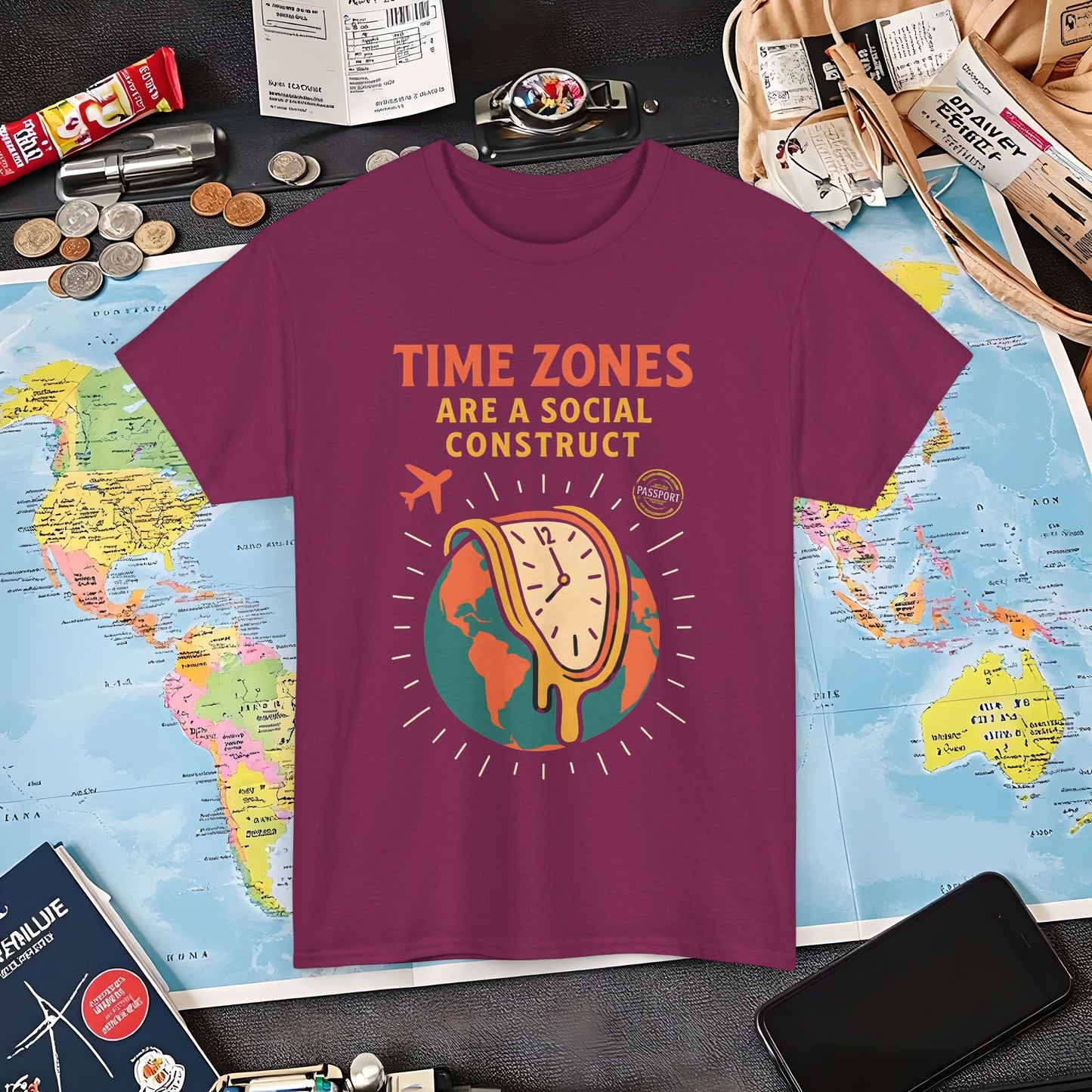 Time Zones Are a Social Construct Tee – Melting Clock Over World Map Travel Shirt Air Travel T-Shirts | Jetsetter, Airport, and International Flight Tees