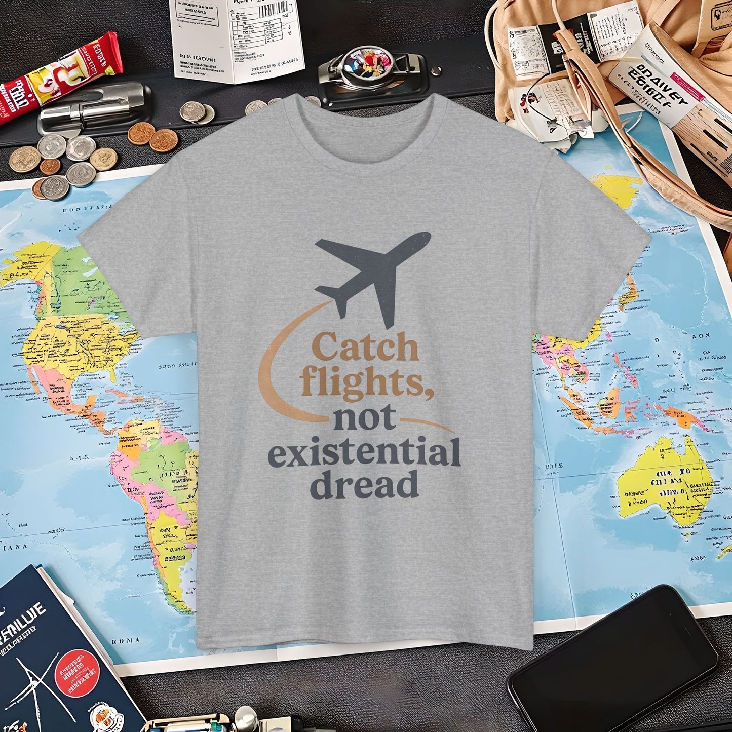 Catch Flights Not Existential Dread Tee – Minimalist Airplane Silhouette Quote Shirt Air Travel T-Shirts | Jetsetter, Airport, and International Flight Tees
