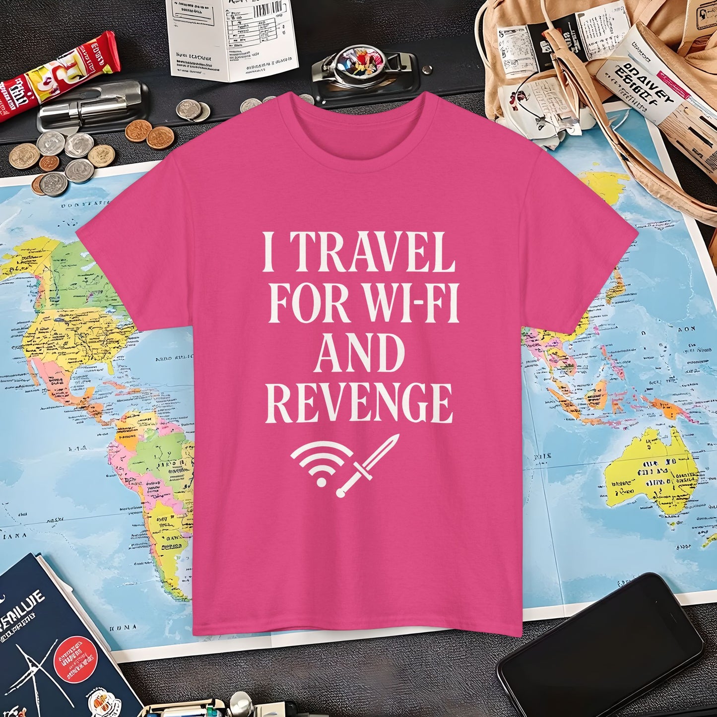 I Travel for WiFi and Revenge – Bold Quote Tee with Dagger Icon Air Travel T-Shirts | Jetsetter, Airport, and International Flight Tees