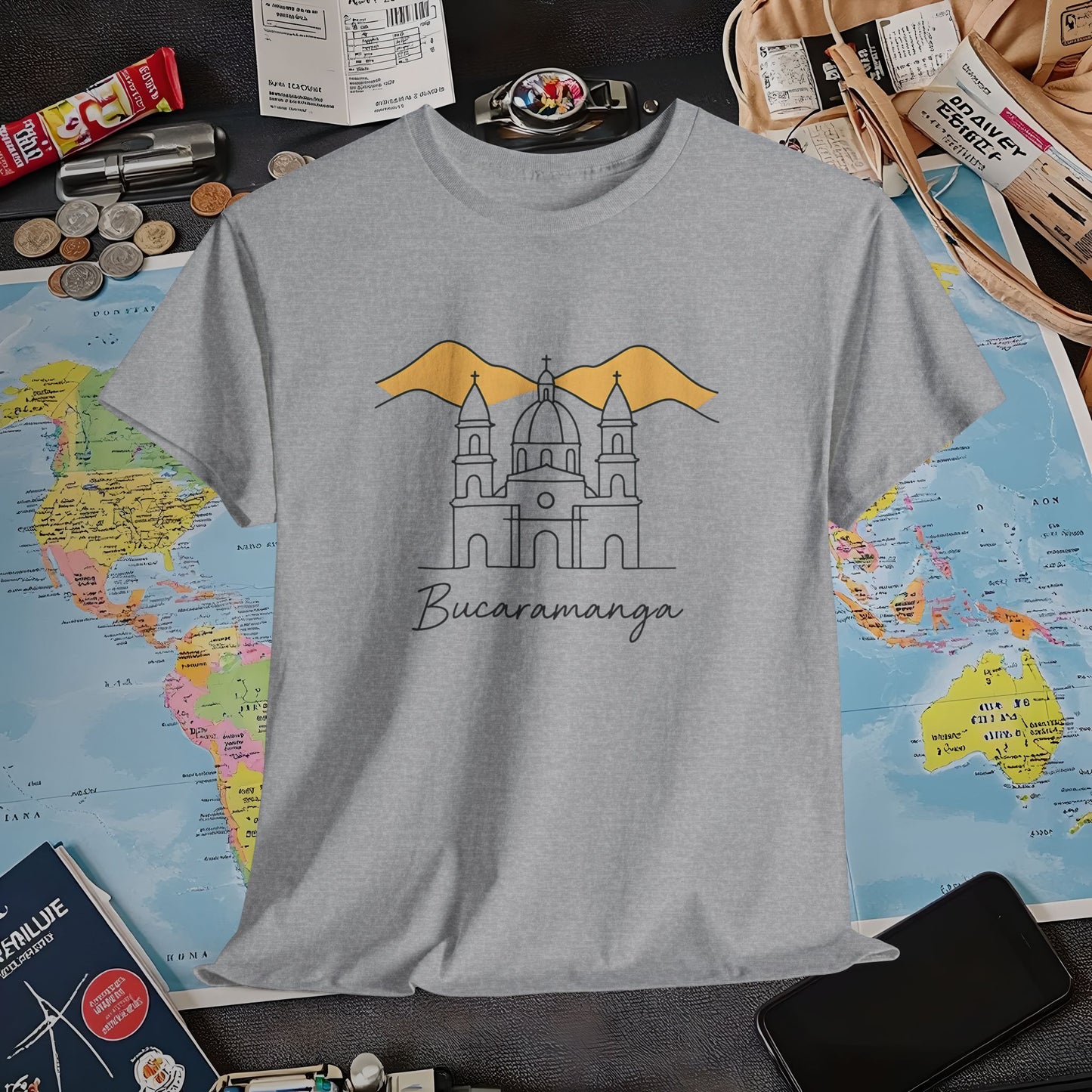 Bucaramanga Cathedral with Andes Silhouette – Vintage Colombia Travel Tee | Layover Club Air Travel T-Shirts | Jetsetter, Airport, and International Flight Tees