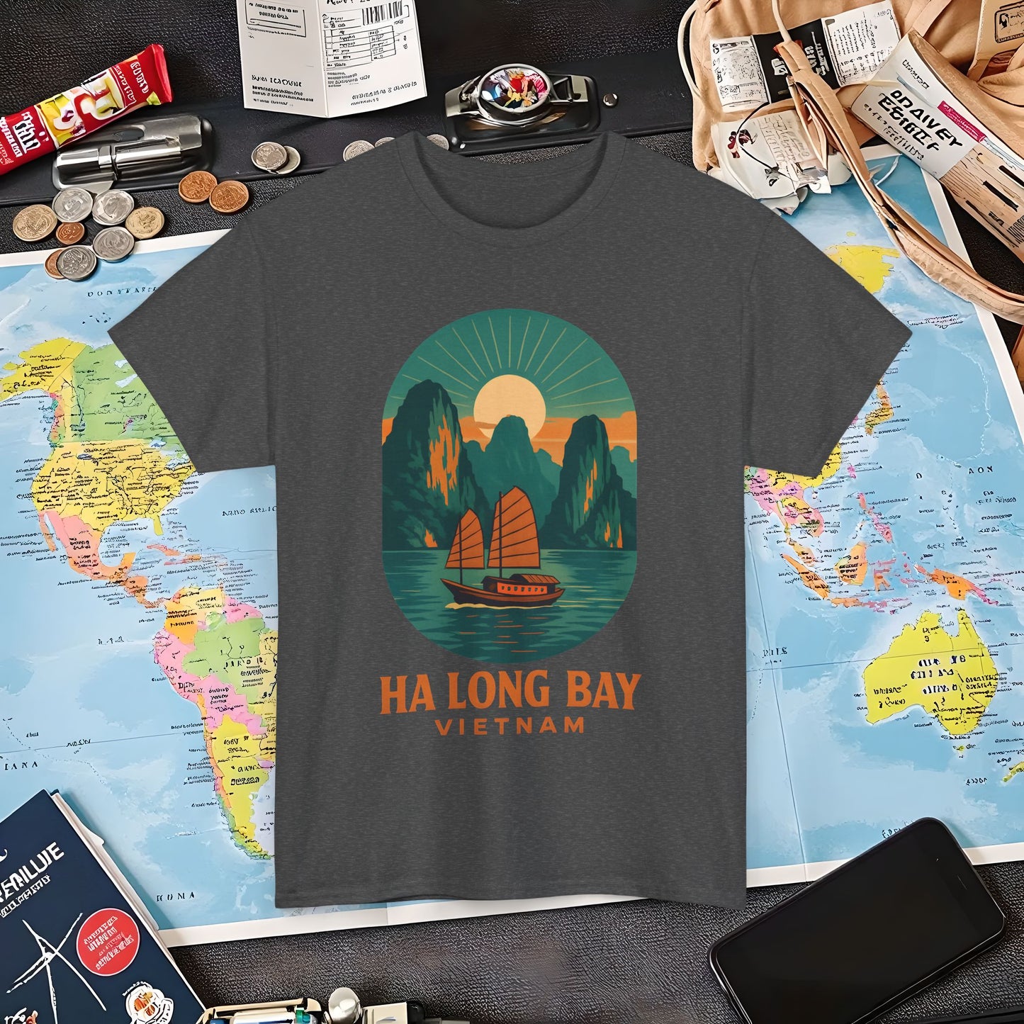 Ha Long Bay Vietnam T-Shirt – Art Deco Junk Boat Travel Shirt for Southeast Asia Lovers Air Travel T-Shirts | Jetsetter, Airport, and International Flight Tees