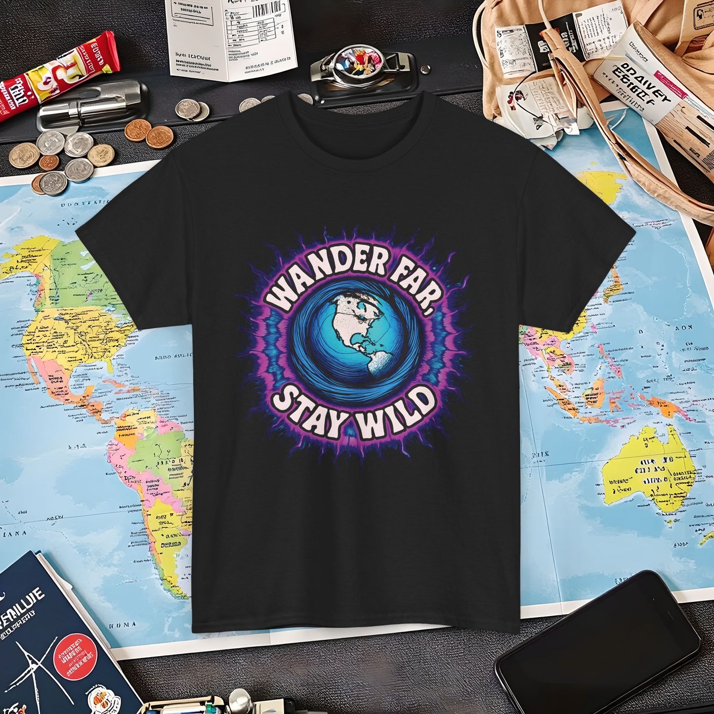 Wander Far, Stay Wild T-Shirt – Globe Burst Adventure Design Air Travel T-Shirts | Jetsetter, Airport, and International Flight Tees